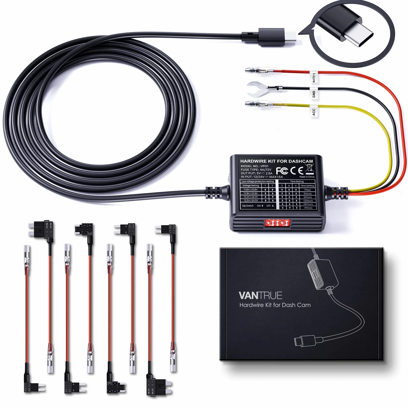 VANTRUE Kit de cableado USB-C de 5 Niveles y 11,5 pies con Acceso para Todas Las cámaras CDashcam USB, 6 configuraciones de Tiempo de grabación, 12 V-24 V a 5 V, 24 Horas. Modo de estacionamiento
