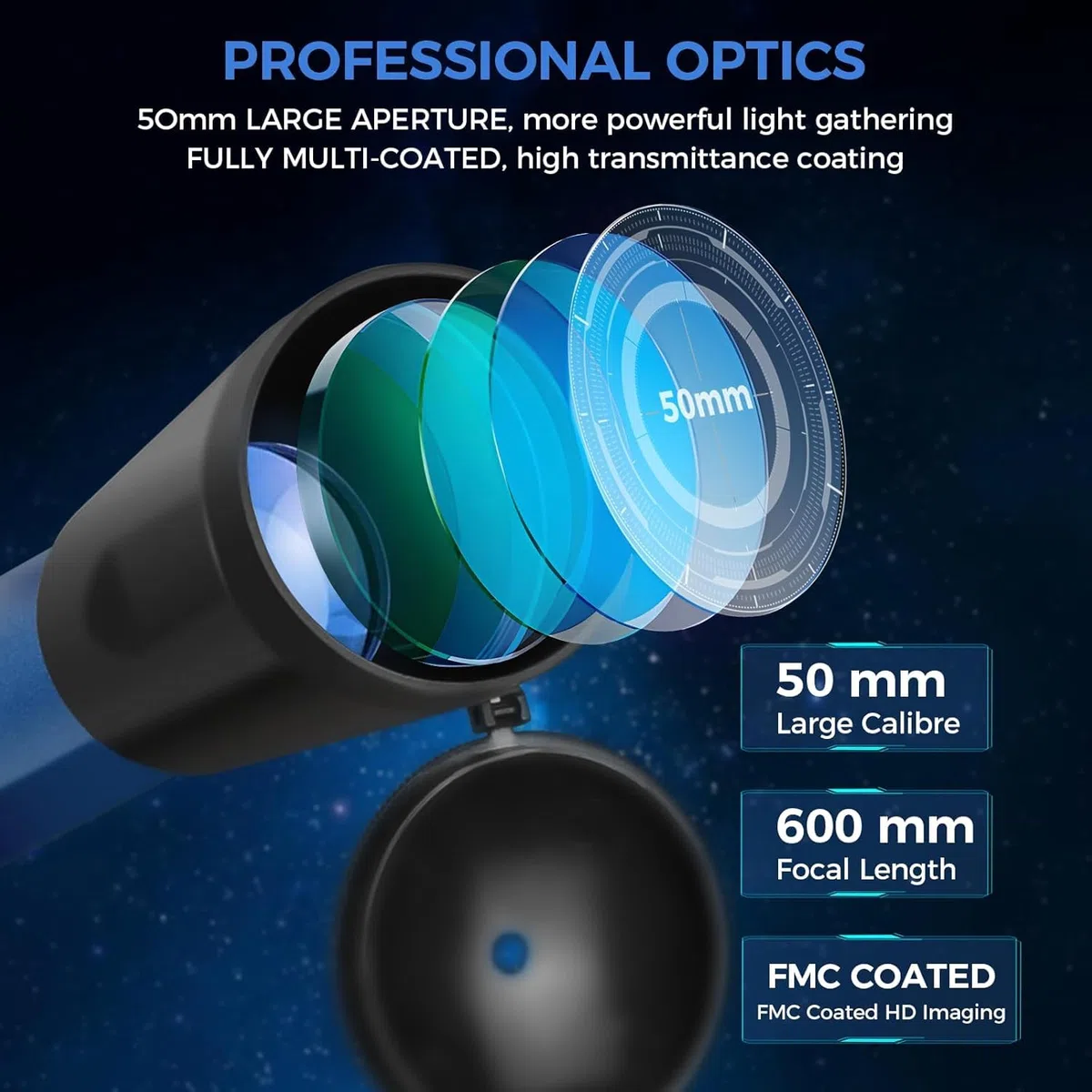 Telescopio Astronómico 50/600 mm, Telescopio Refractor para Niños y Principiantes con Visor de Punto Rojo, Trípode, Adaptador de Teléfono, 2 Oculares H12.5mm y H20mm