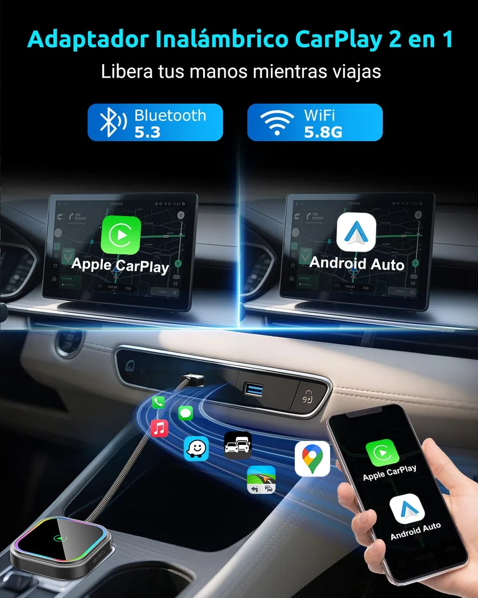 ESSGOO Mini Adaptador Inalámbrico para CarPlay/Android Auto, Adaptador 2 en 1 CarPlay Inalámbrico Bluetooth con Enchufe USB, Compatible con iOS 10+ y Android 11+, RGB con Control de Voz