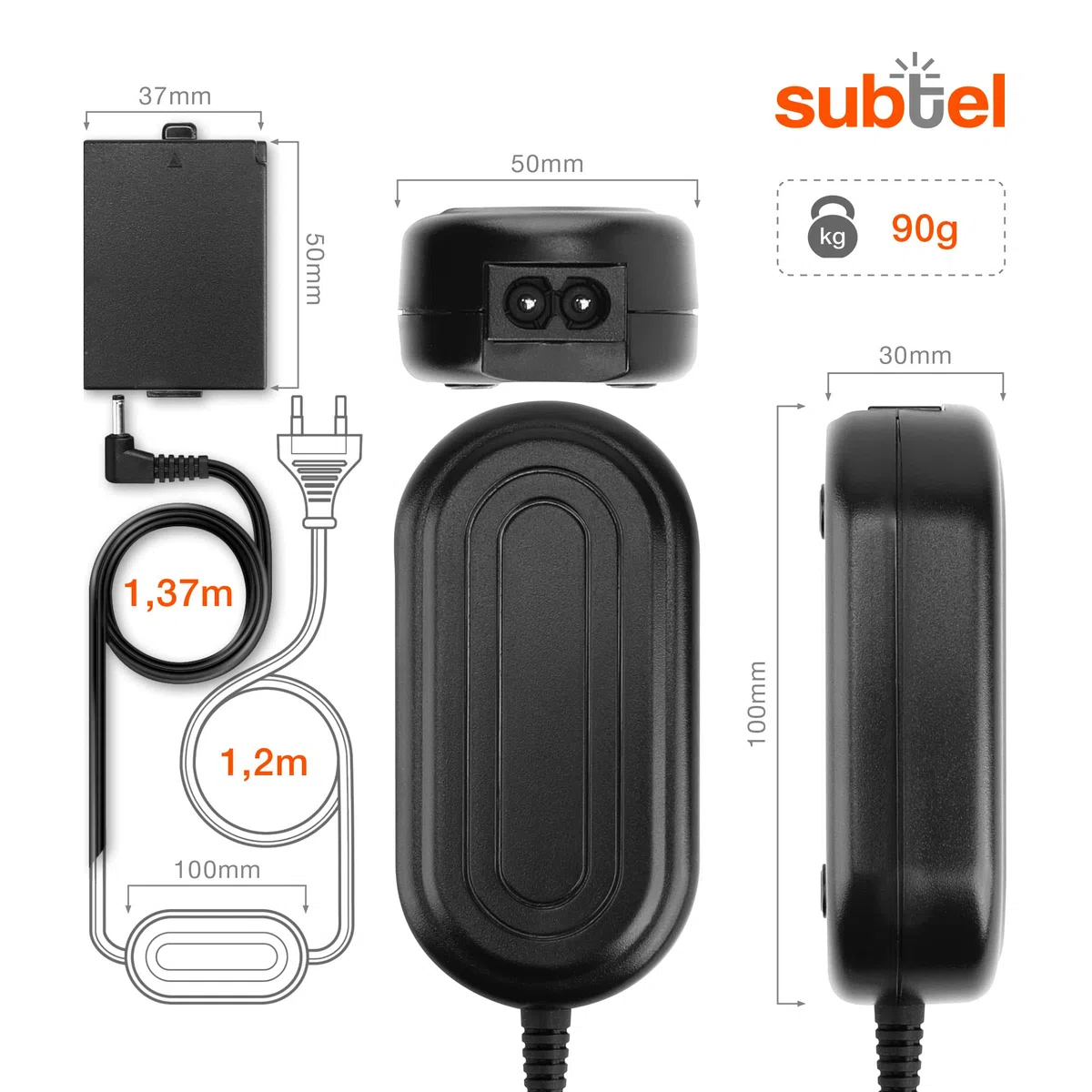 subtel Fuente de alimentación Compatible con ca. 3m ACK-E10 + Acoplador DC Alimentador DC Coupler, Dummy Battery