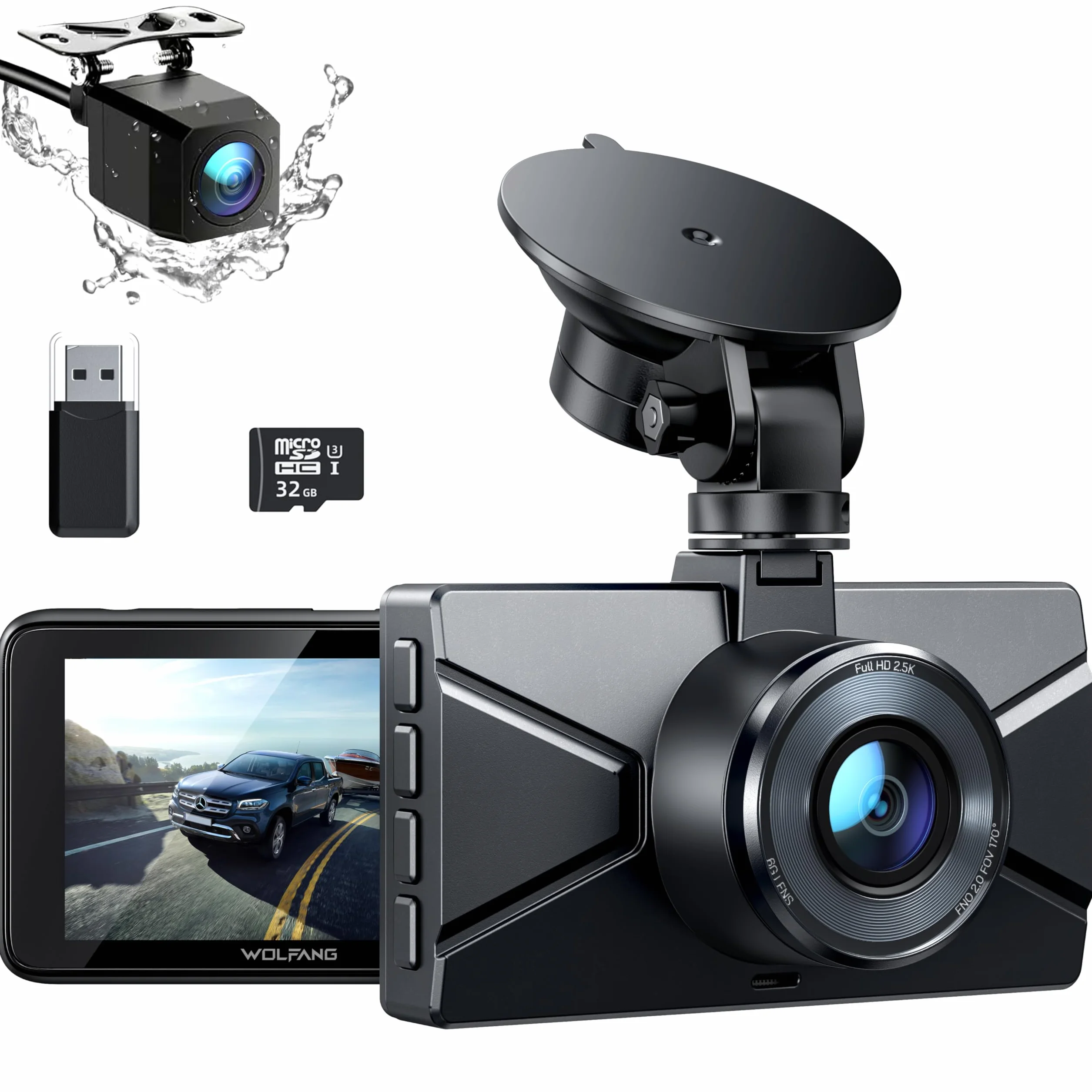 WOLFANG Cámara de Coche Delantera y Trasera 2.5K QHD, Dashcam de Doble Lente para Coches de 170º Gran Angular Monitor de Aparcamiento 24H con Grabación en Bucle y Sensor G