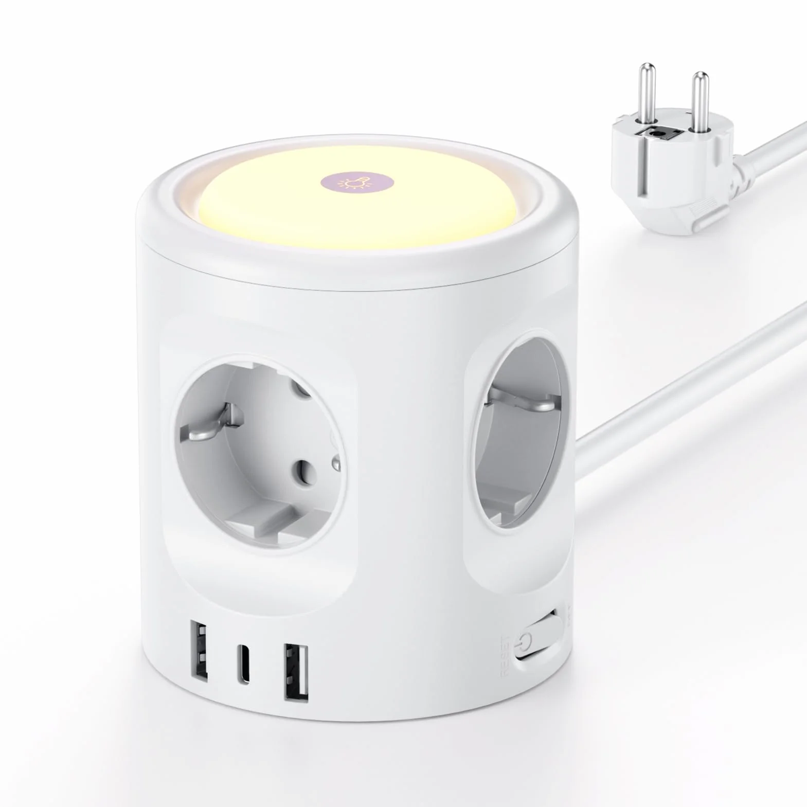Torre Regleta Enchufes 16A con Luces LED Nocturnas 3 Modos de Iluminación, Cubo Regleta Enchufes con USB Alargador Enchufe 2M, Ladron Enchufes con Interruptor para Casa Oficina Enchufe Regleta