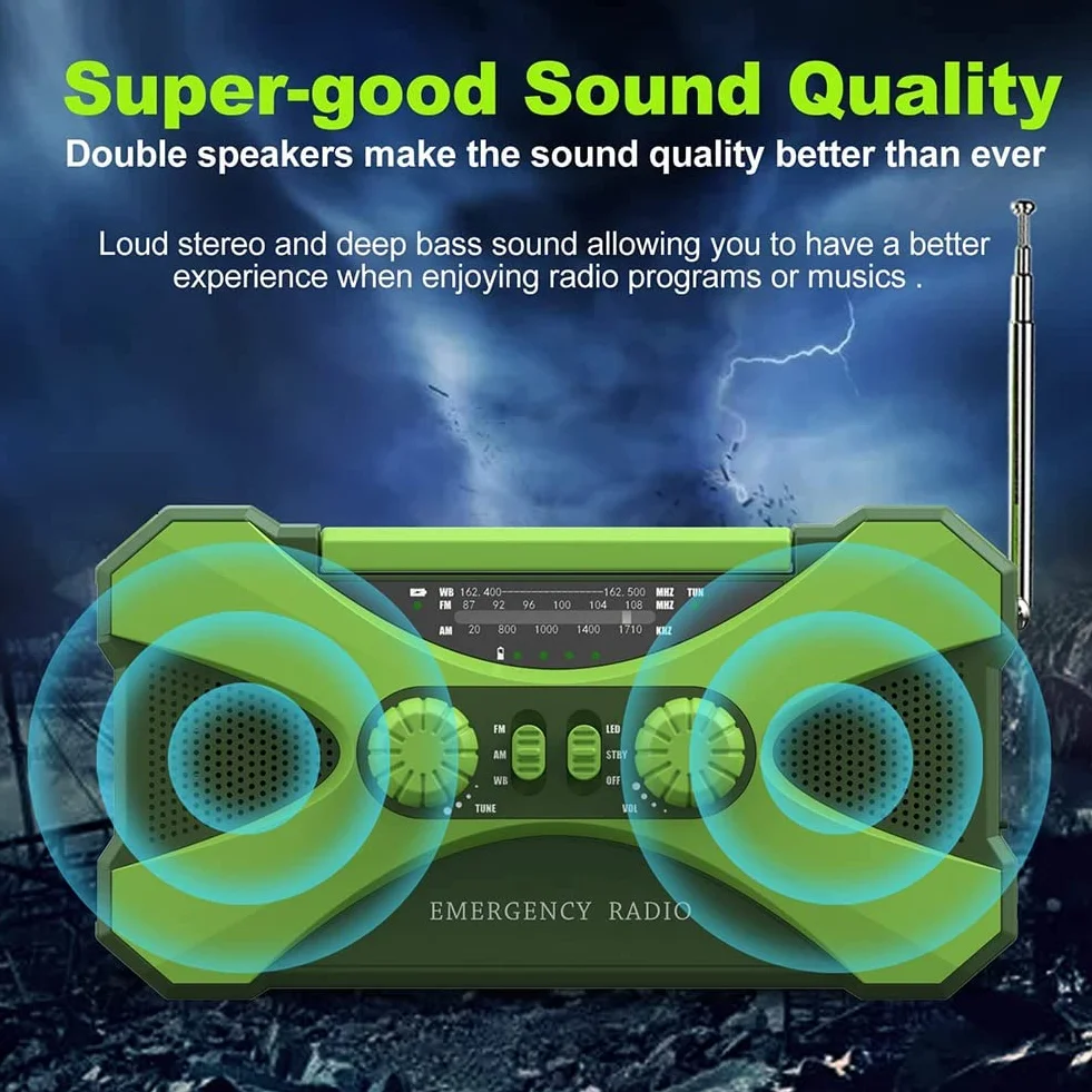 TsoLay Radio de Emergencia de 10000MAh, Radio de Manivela Solar, Portátil con Cargador de Teléfono, Linterna LED Verde