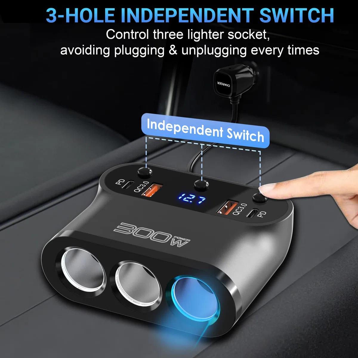 Qidoe 7-en-1 Adaptador Divisor Encendedor 300W: Duales PD3.0 y QC3.0 Cargador Mechero de Coche 12V/24V con 3 Tomas Interruptor y LED Voltímetro para Tableta/Teléfono/GPS/Dash CAM