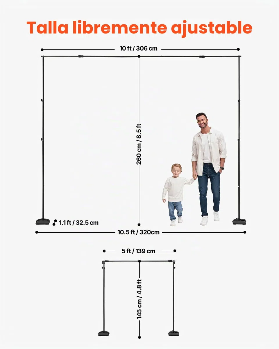 VEVOR Soporte de Fondo Ajustable para Tela de Fondo de hasta 260 x 300 cm, Soporte Portátil de Altura Ajustable de 145-260 cm con 7 Barras Transversales para Hogar, Estudio de Fotografía, Negro