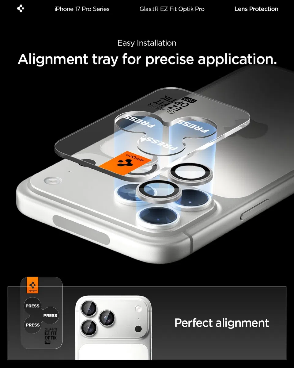 Spigen Glas.tR EZ Fit Optik Pro Protector de Cámara para iPhone 17 Pro, iPhone 17 Pro Max, 2 Unidades, Plata, Protección Individual, Kit de instalación, Dureza 9H, Anti-Arañazos