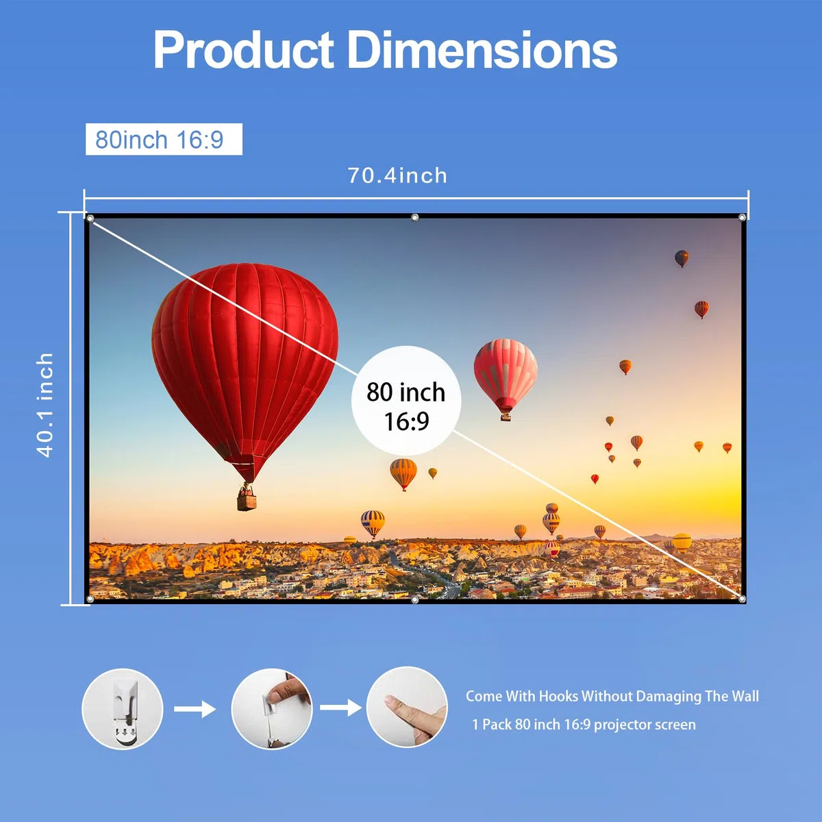 Docooler Pantalla de proyector HD portátil de 80 Pulgadas, Pantalla de proyección 16:9, Plegable, Duradera, montada en la Pared para películas al Aire Libre, Cine en casa y Oficina