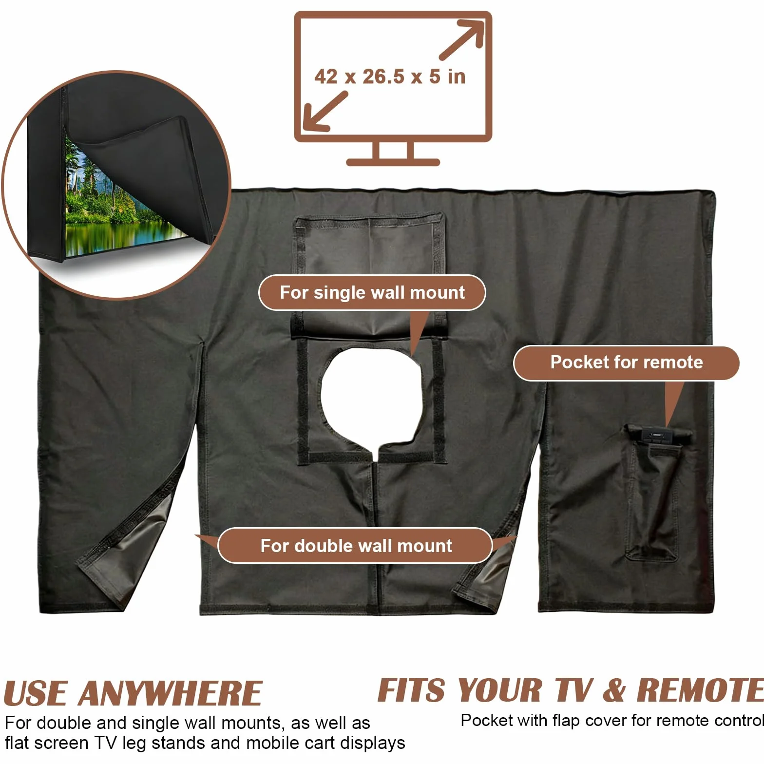 Cubierta para TV al aire libre, cubierta de protección de pantalla de TV, 600d tela Oxford, impermeable, a prueba de polvo, cubierta de TV para exteriores, 40" - 42", 42 x 26,5 x 5 pulgadas, negro
