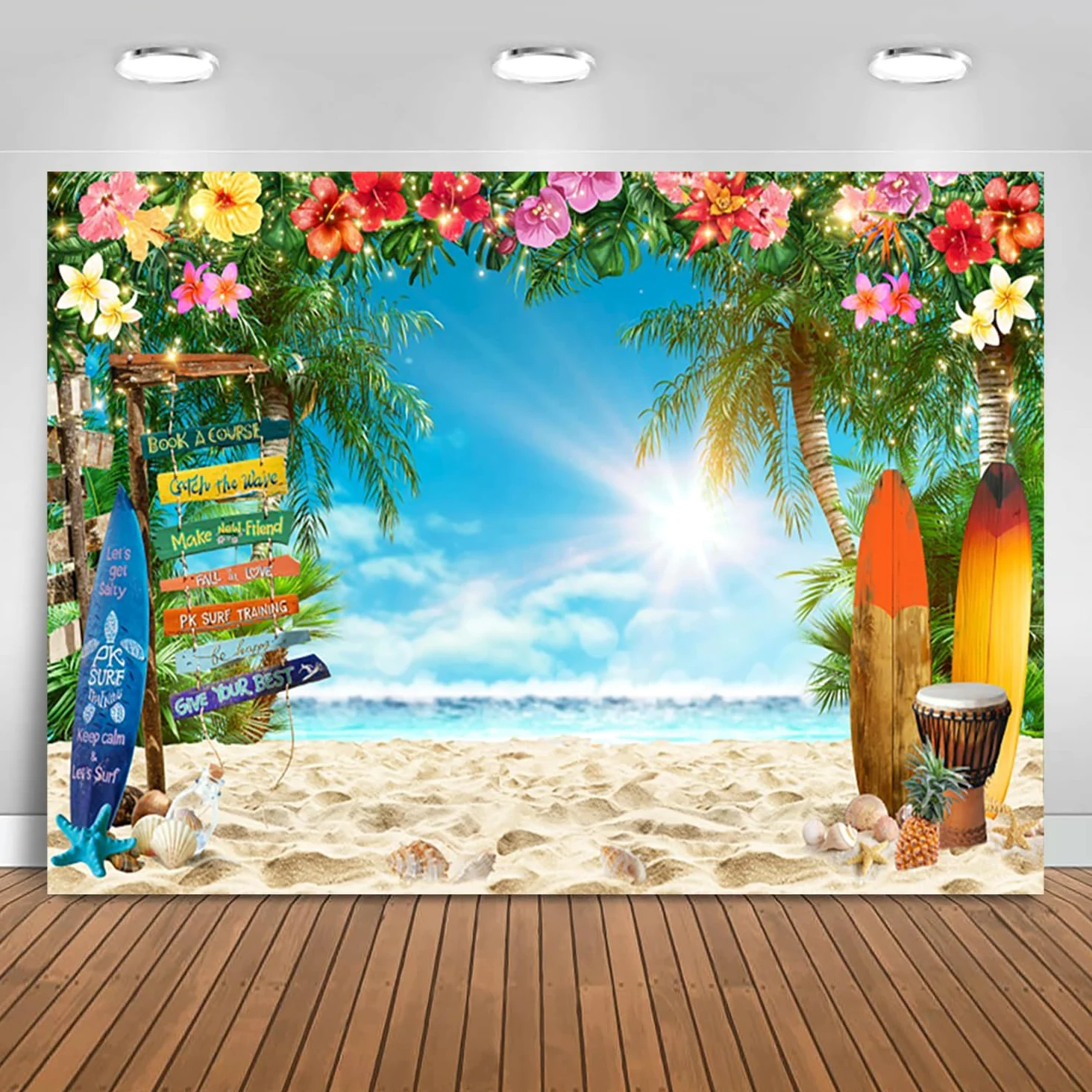 3x2m Telón de Fondo Playa Verano Tropical Palm Tree Flor Tabla de Surf Street Sign Azul Cielo Fotografía Fondo Boda Cumpleaños Hawaiian Luau Aloha Fiesta Decoraciones Photo Booth Props