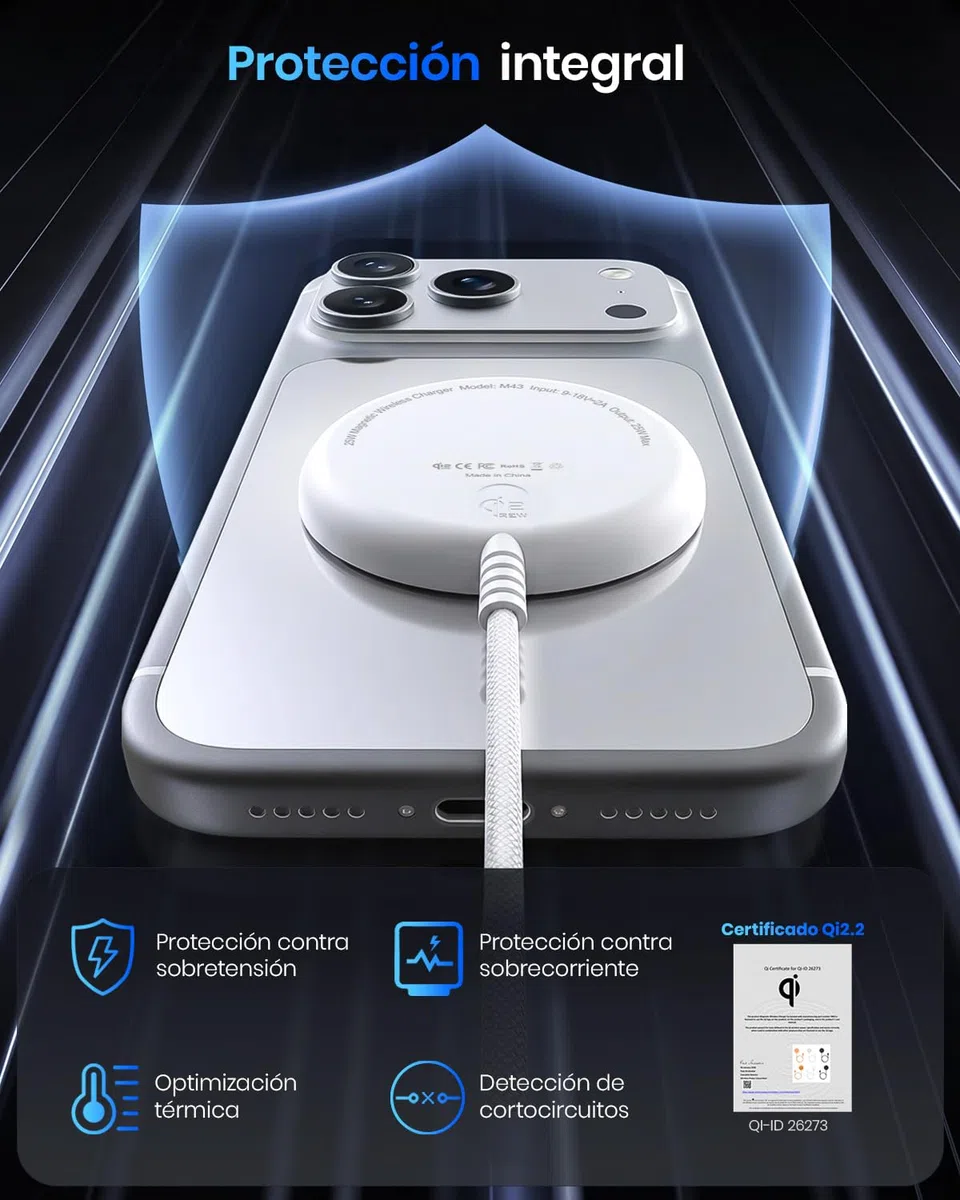 Cargador inalámbrico magnético Qi2 25 W, Base con Cable 1,5 m Compatible con mag-Safe para iPhone 17e/Air/17/16/15/14/13/12, Air-Pods 4/3/2/Pro, Serie Pixel 10 y más, Adaptador 30 W - Blanco