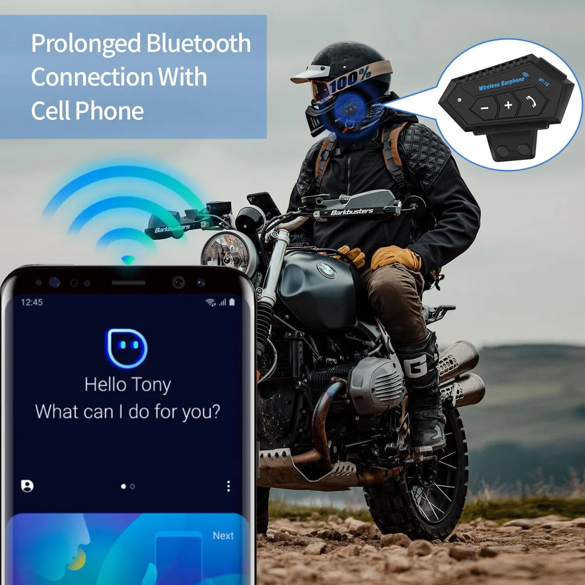 BT12 Intercomunicador Casco Moto con Comunicación Manos Libres y Función Ruido Reducción, Auriculares 5.0 Bluetooth Inalámbrico para Motocicleta, ATV, Bicicleta, Ciclismo, Esquí, Equitación, Escalada