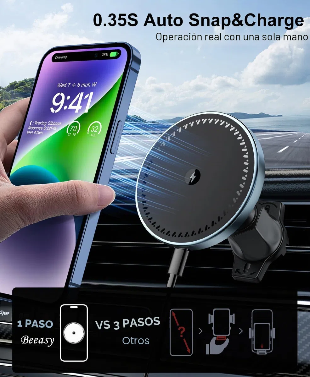Beeasy para MagSafe Cargador Inalámbrico Coche 15W, Magnético Soporte Móvil Coche para Rejilla de Ventilación, Compatible con iPhone 17/16/15/14/13/12 Serie