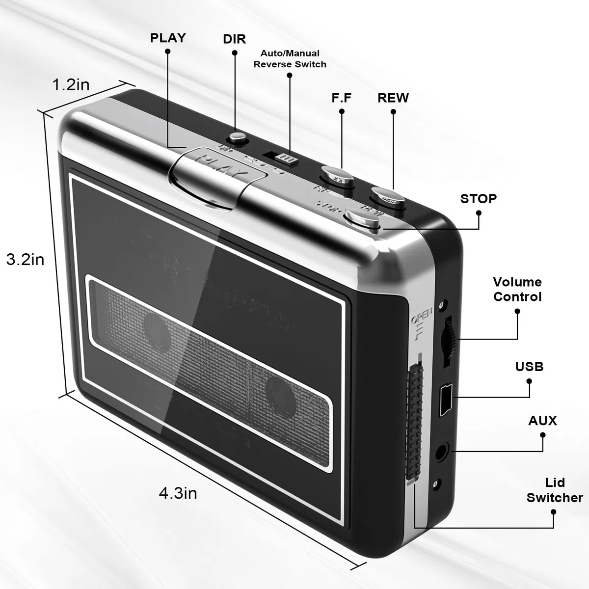 Reproductor de Casetes Portátil, Convierte Casetes a MP3, Compatible con Computadora/Portátile, Rebobinado Automático - Grabación Digital de Música en Casete