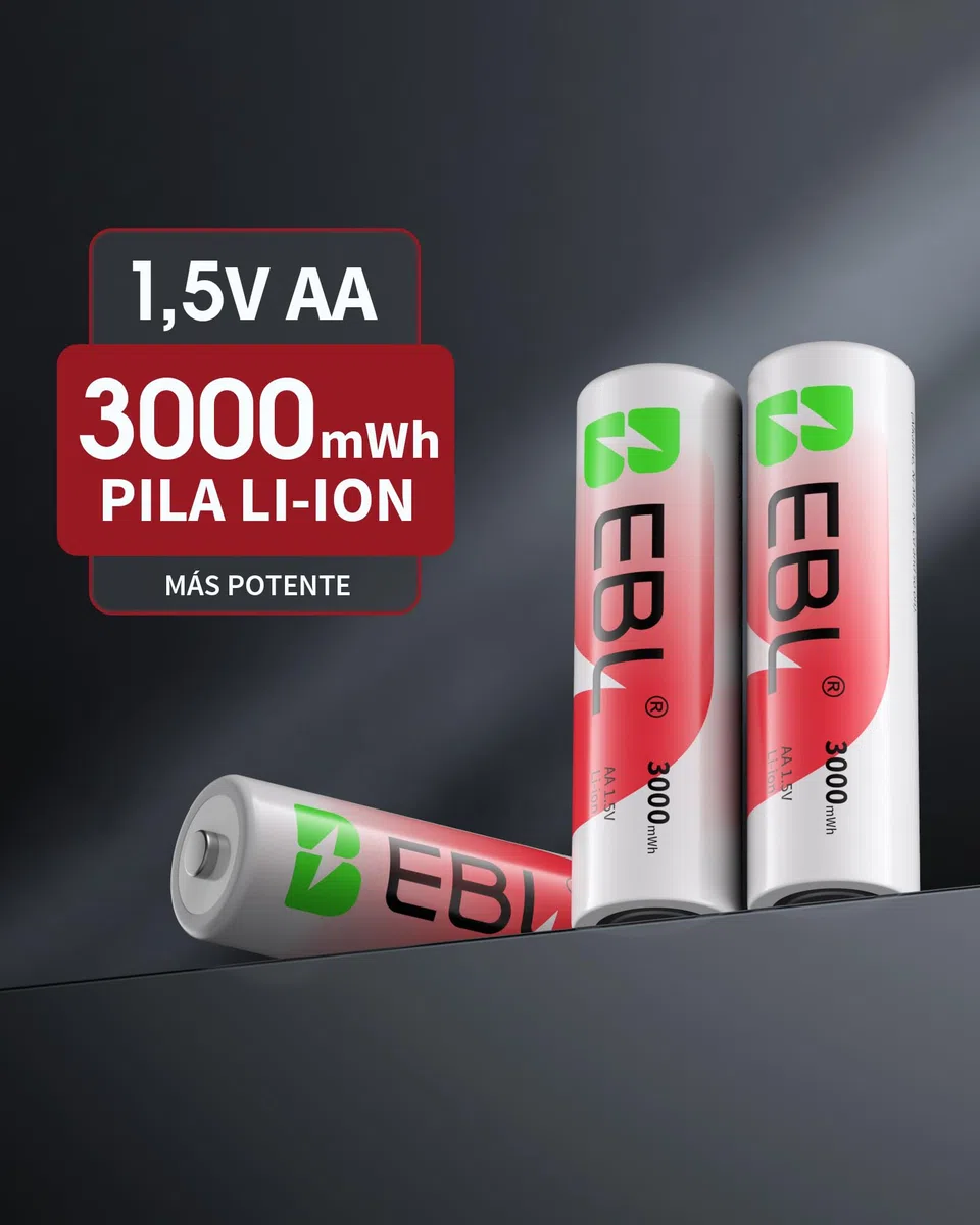EBL 8 x 3000mWh Pilas Recargables AA 1.5V, Nueva Versión Cargador para 1.2V/1.5V NiMH/Litio AA AAA, 1600Ciclos Larga Duración, 1,5V Batería Litio Constantes para Cámara de Blink/Vigilancia/Caza