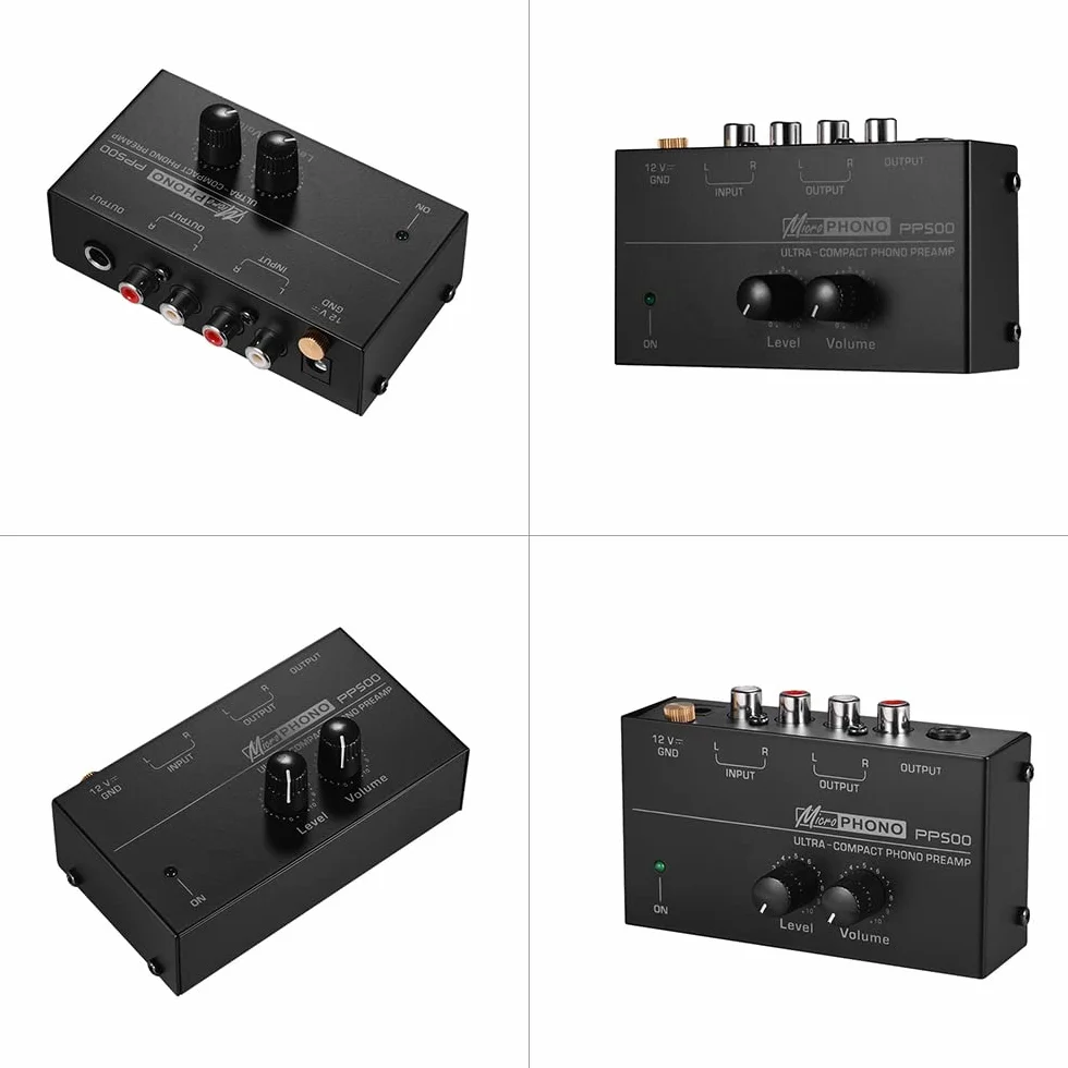 Btuty Preamplificador Fono Preamplificador Ultra-compacto con controles de nivel y volumen Entrada y salida RCA 1/4