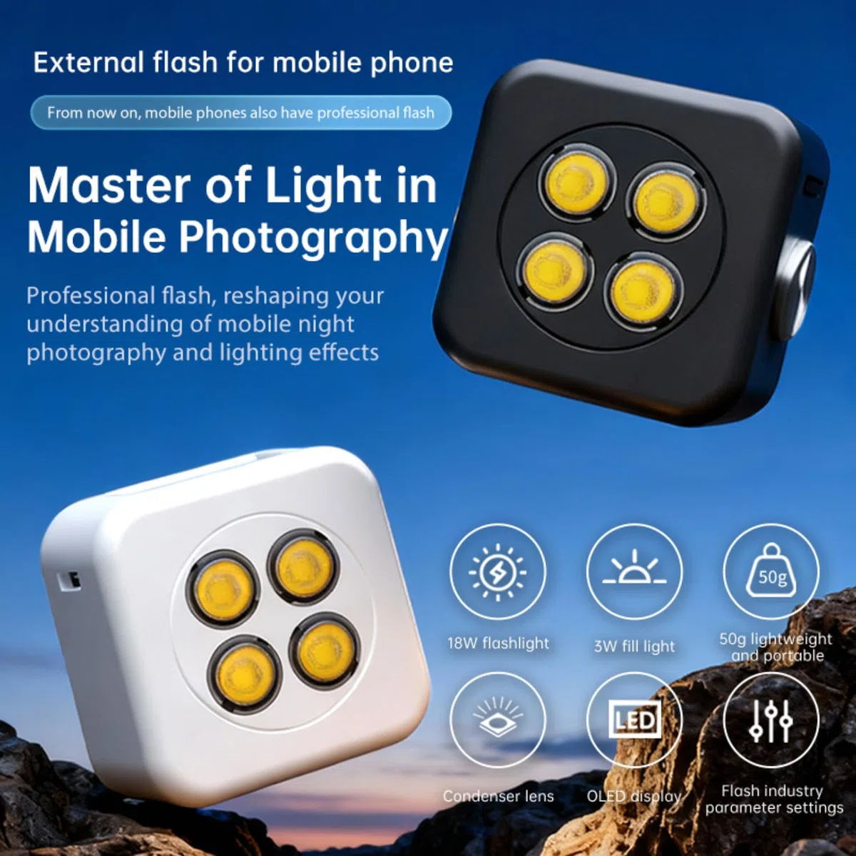Funmount - Flash externo para smartphone (18 W, con luz continua de 3 W, magnética, para fotos, vídeo y transmisión en directo, color negro)
