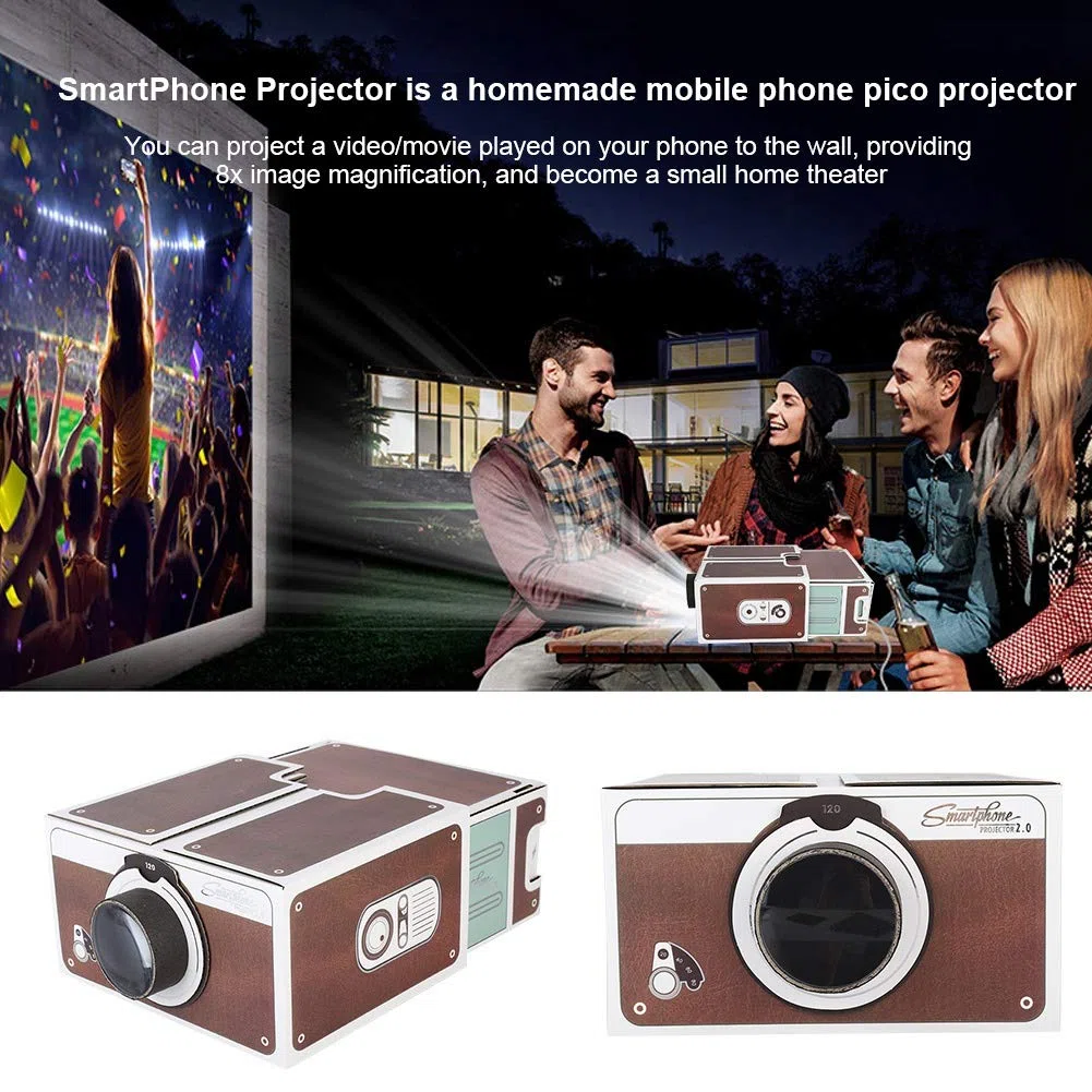 Mini proyector de teléfono bricolaje cine portátil en casa, juguete plegable de proyección de cartón de ampliación 8X se ajusta hasta el teléfono inteligente de 5,8 pulgadas