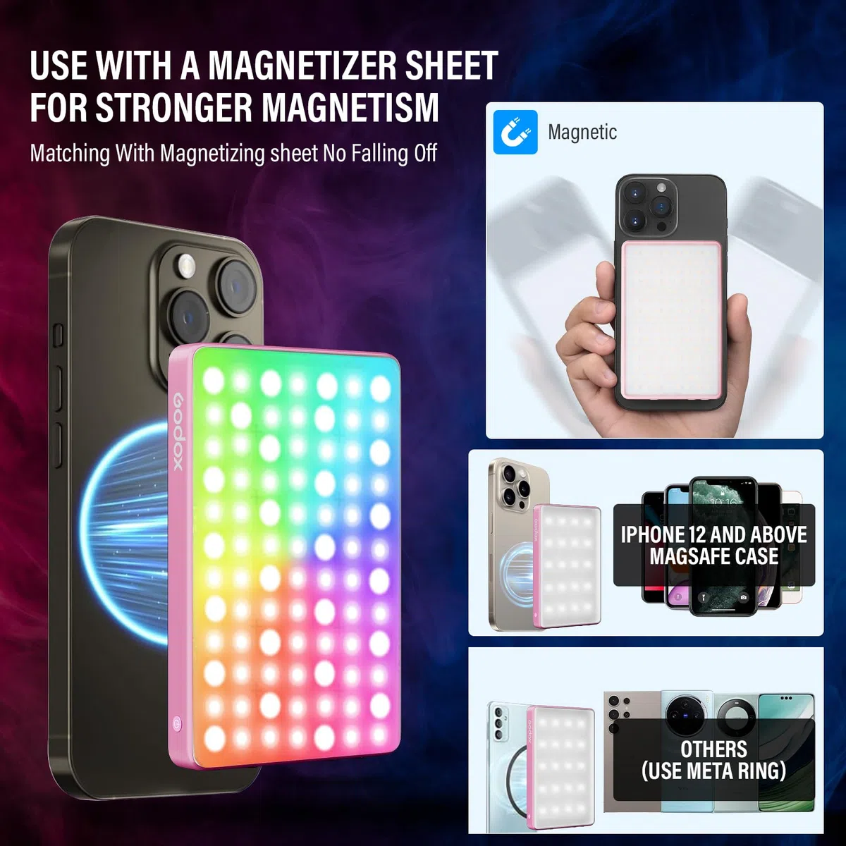 GODOX MA5R Luz de vídeo RGB magnética de color completo 1800K-10000K 14 efectos preprogramados para cámara DSLR (rosa)