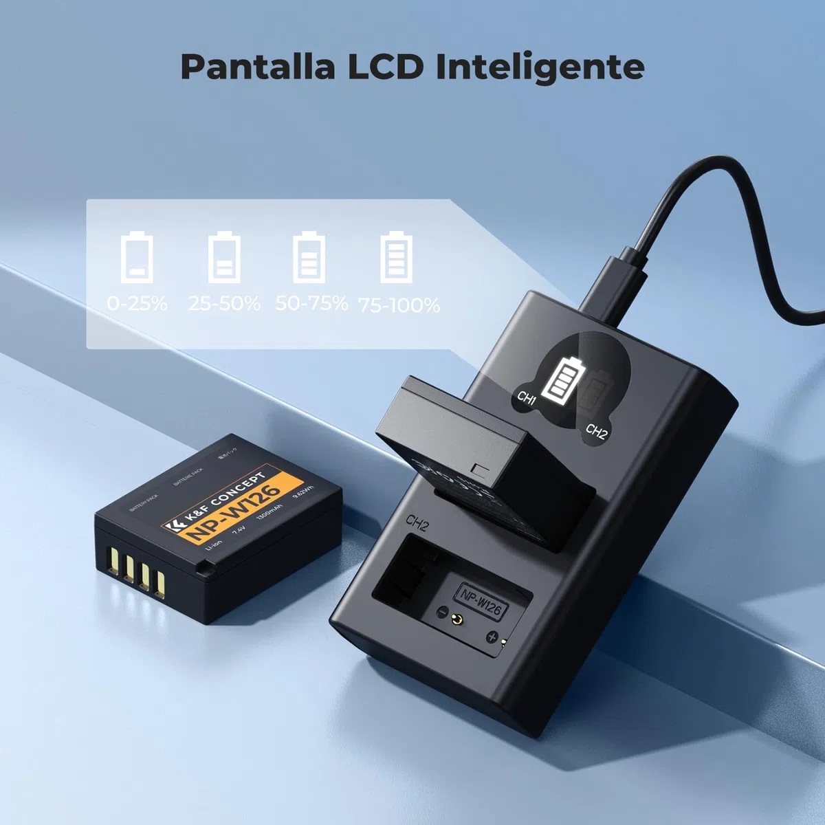 K&F CONCEPT NP-W126 NP-W126S Batería 2x1300mAh Compatibile con Fujifilm XM5/X100VI/X100V/XS10/XT30/XT30 II/XT20/XE4/A5, Cargador Rápido de Doble Ranura con Entradas Type-C y Micro-USB