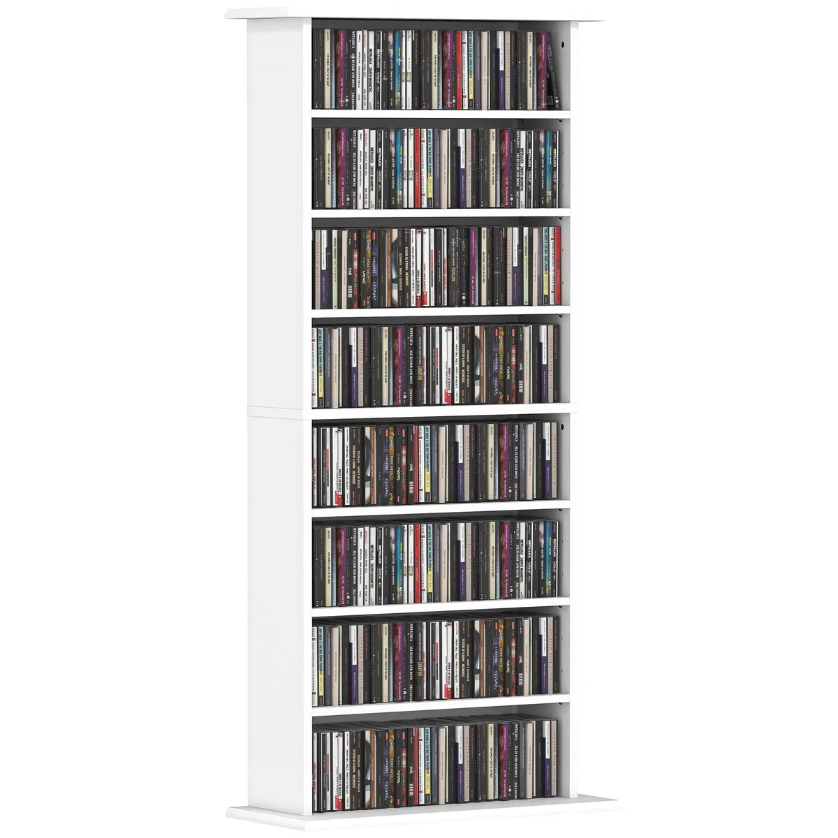 Almacén de CD y DVD HOMCOM, Unidad de Almacenamiento Multimedia con 8 Compartimentos y 6 estantes Ajustables, Capacidad máx. 360 CD/185 DVD y BLU-Ray, 58 x 24 x 124,5 cm, Blanco
