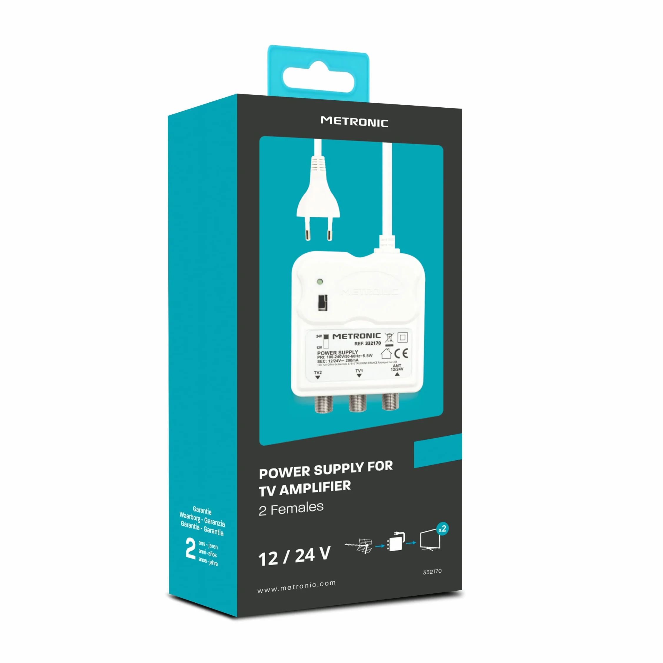 METRONIC 332170 - Amplificador de Interior con Ajuste de Ganancia, 2 Salidas de TV de 9,52 mm – Fuente de alimentación de 12/24 V para Amplificador de TV – Fuente de alimentación – Color Blanco
