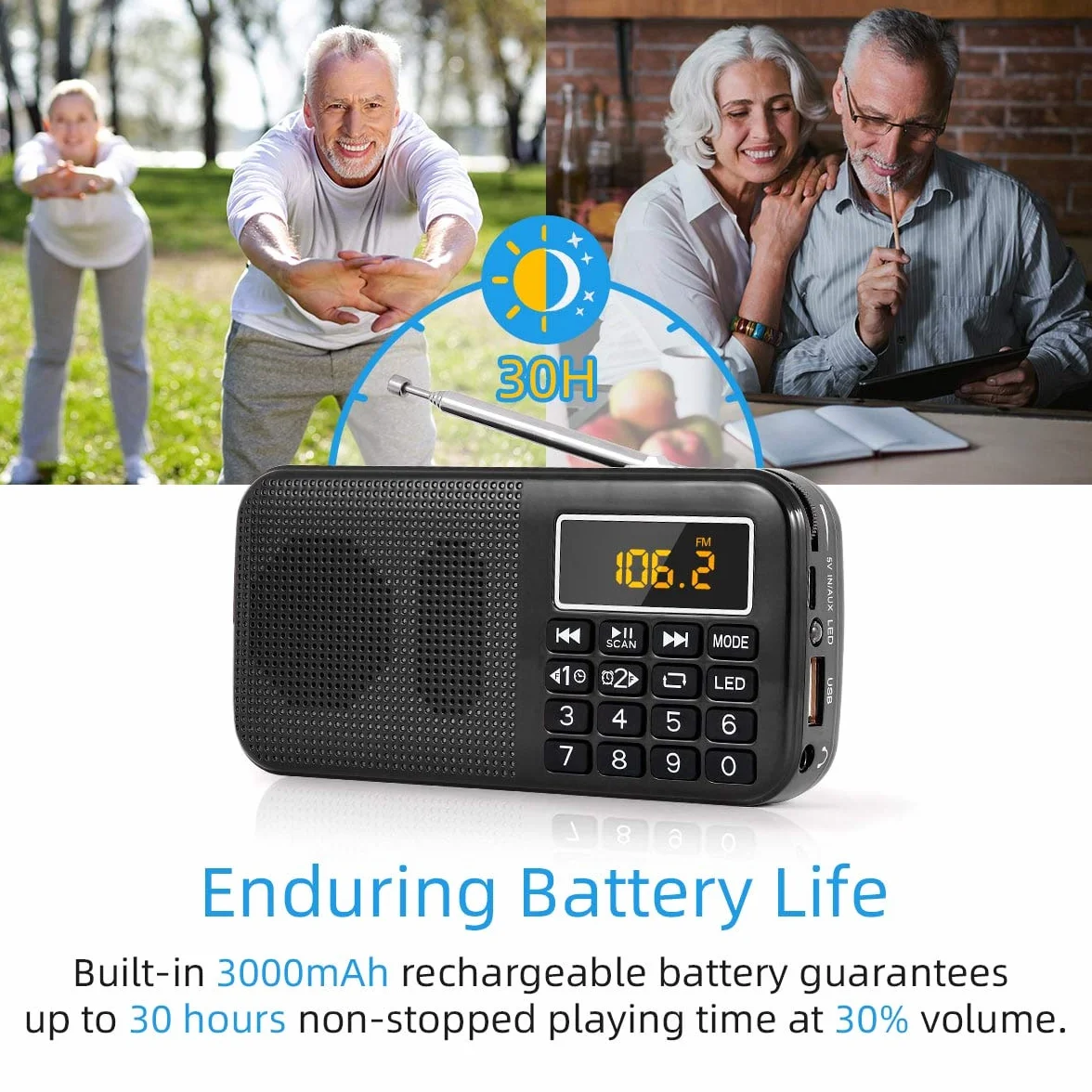 PRUNUS J-725 FM Radio Portatil Pequeña, Reloj Digital Despertador, Bateria Recargable de 3000mAh, Reproductor de AUX/USB/SD con Altavoz de 3W, y Linterna LED(Negra)