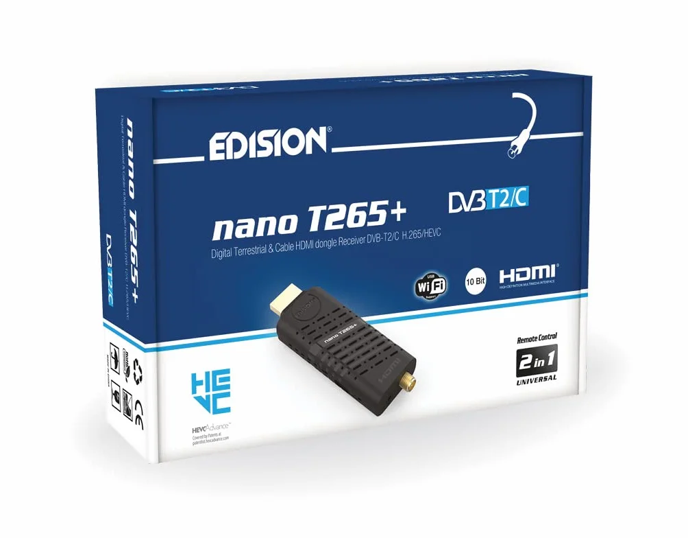 EDISION Nano T265+ Receptor dongle HDMI Terrestre TDT DVB-T2 y por Cable DVB-C, H265 HEVC, FTA, Full HD, PVR, USB, HDMI, Sensor IR, Soporte USB WiFi, Mando a Distancia Universal 2en1