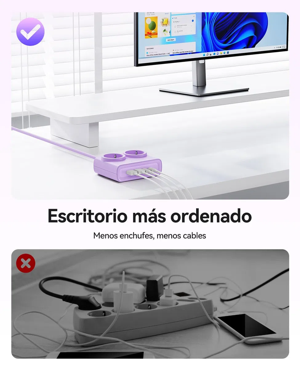 ORICO Regleta Enchufes 6-en-1 PowerBrick Lila - 2 Tomas AC + 4 USB (2 USB-C PD), Carga Rápida 25W GAN, Cable 1,6m, 2500W MAX para Hogar, Oficina, Mesa(PDC)