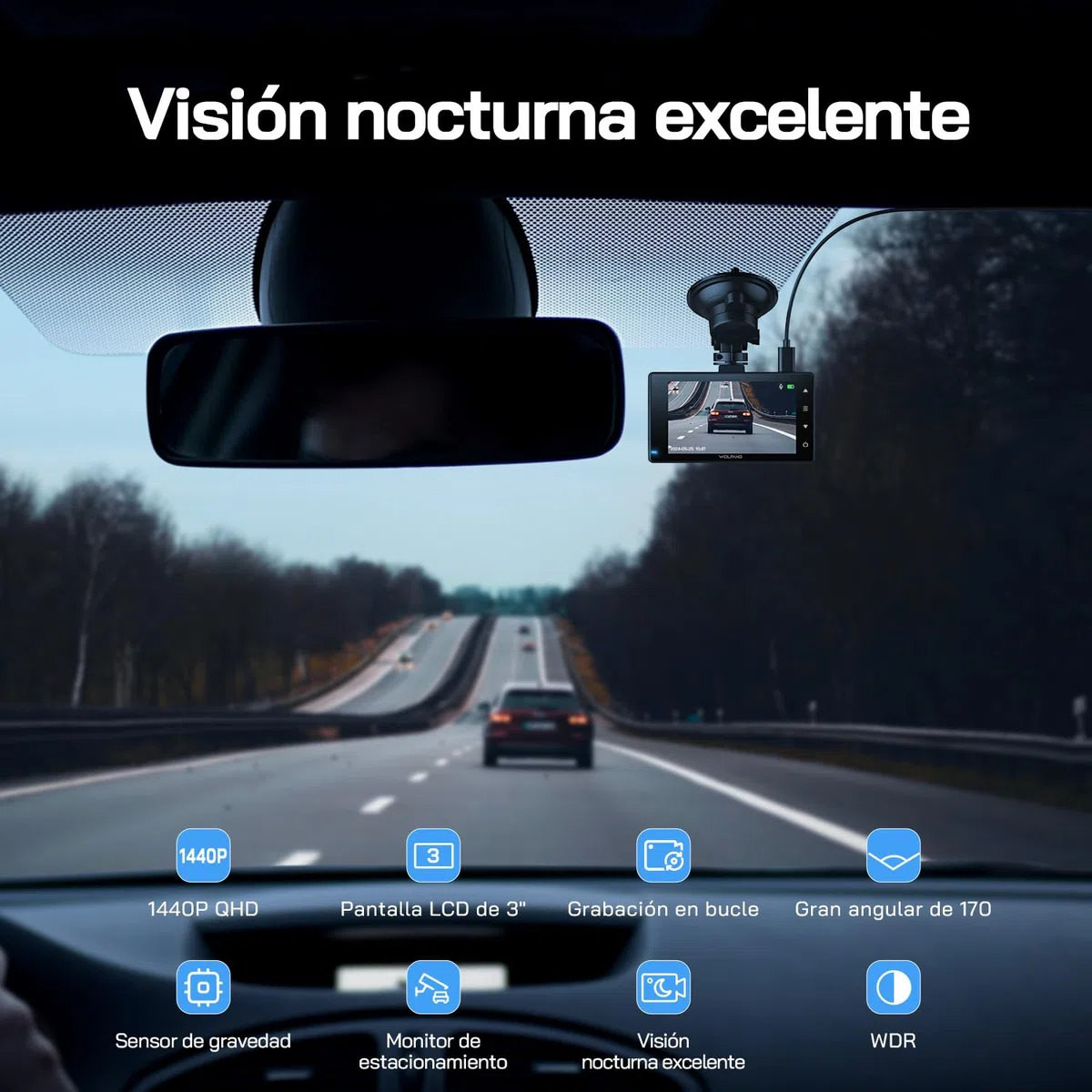 WOLFANG Cámara de Coche Delantera y Trasera 2.5K QHD, Dashcam de Doble Lente para Coches de 170º Gran Angular Monitor de Aparcamiento 24H con Grabación en Bucle y Sensor G