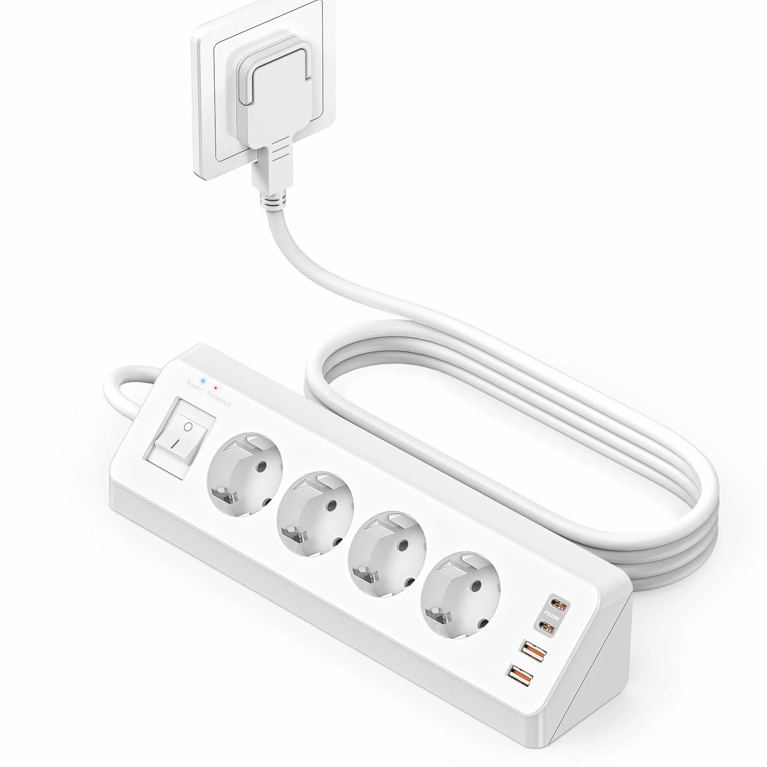 Regleta de 4 enchufes con USB C (PD 20W), SUDEERY 8 en 1 regleta de enchufes con 4 USB, regleta de enchufes con protección contra sobretensiones y 2 m de cable para la cocina (Blanco)