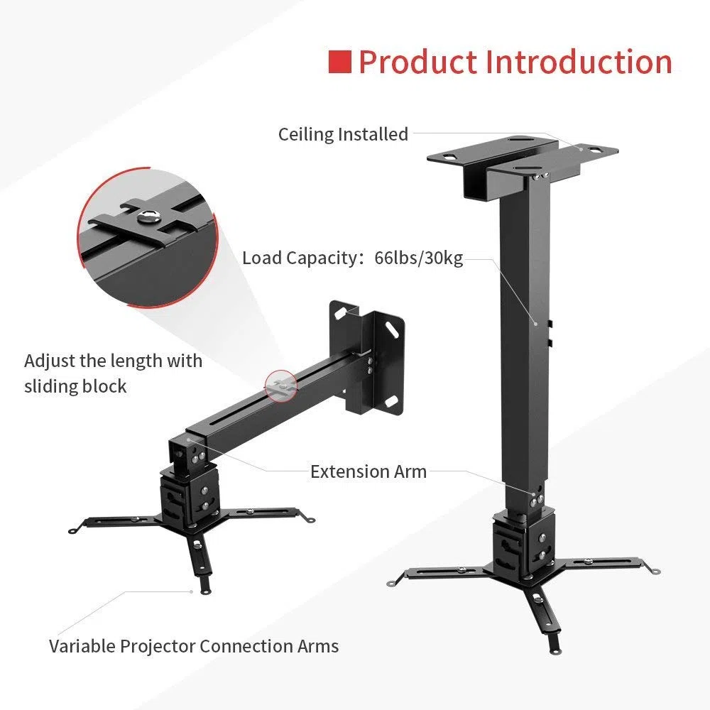BuFan - Soporte de techo para proyector, soporte abovedado universal, con brazo de extensión ajustable a 68 cm, para proyector LCD DLP
