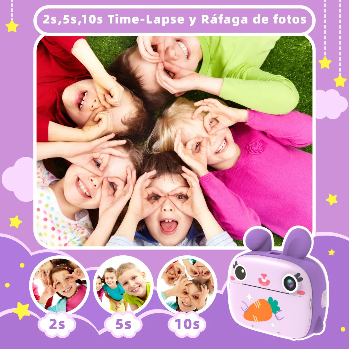 CAMCLID Camara Fotos Infantil Instantanea, 12MP/1080P Cámara Instantánea para Niños con Papel de Impresión Sin Tinta y Tarjeta 32G, Regalos para Niños y Niñas 3 a 12 Años (Violeta)