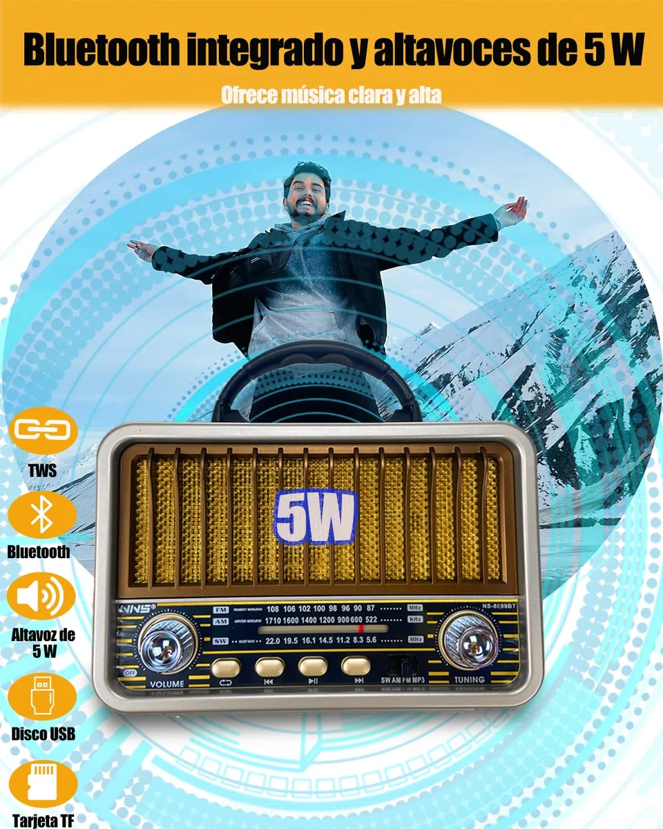Radio Portátil Pequeña, AM/SW/FM, Bluetooth 5.0, Recargable, Soporte TWS/USB/Tarjeta TF, Retro para Cocina, Escritorio, Exterior (Blanco)