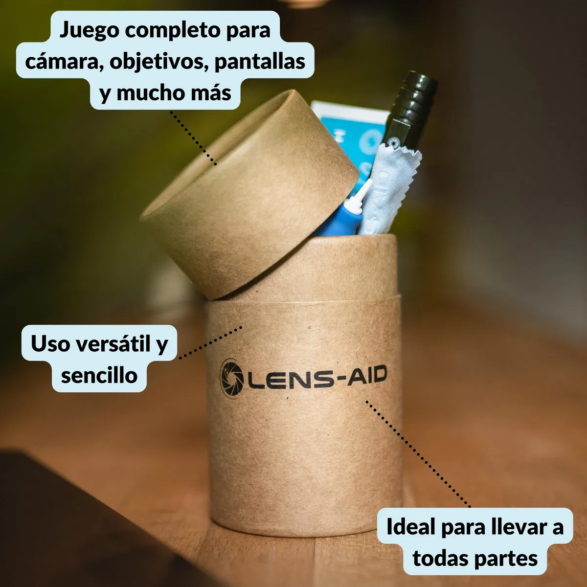 Lens-Aid Kit Limpieza cámara 8 en 1 – Set con Fuelle, Cepillo, lápiz, paños, líquido y más – Ideal para Objetivos, sensores, filtros y Pantallas – Regalo para fotógrafos