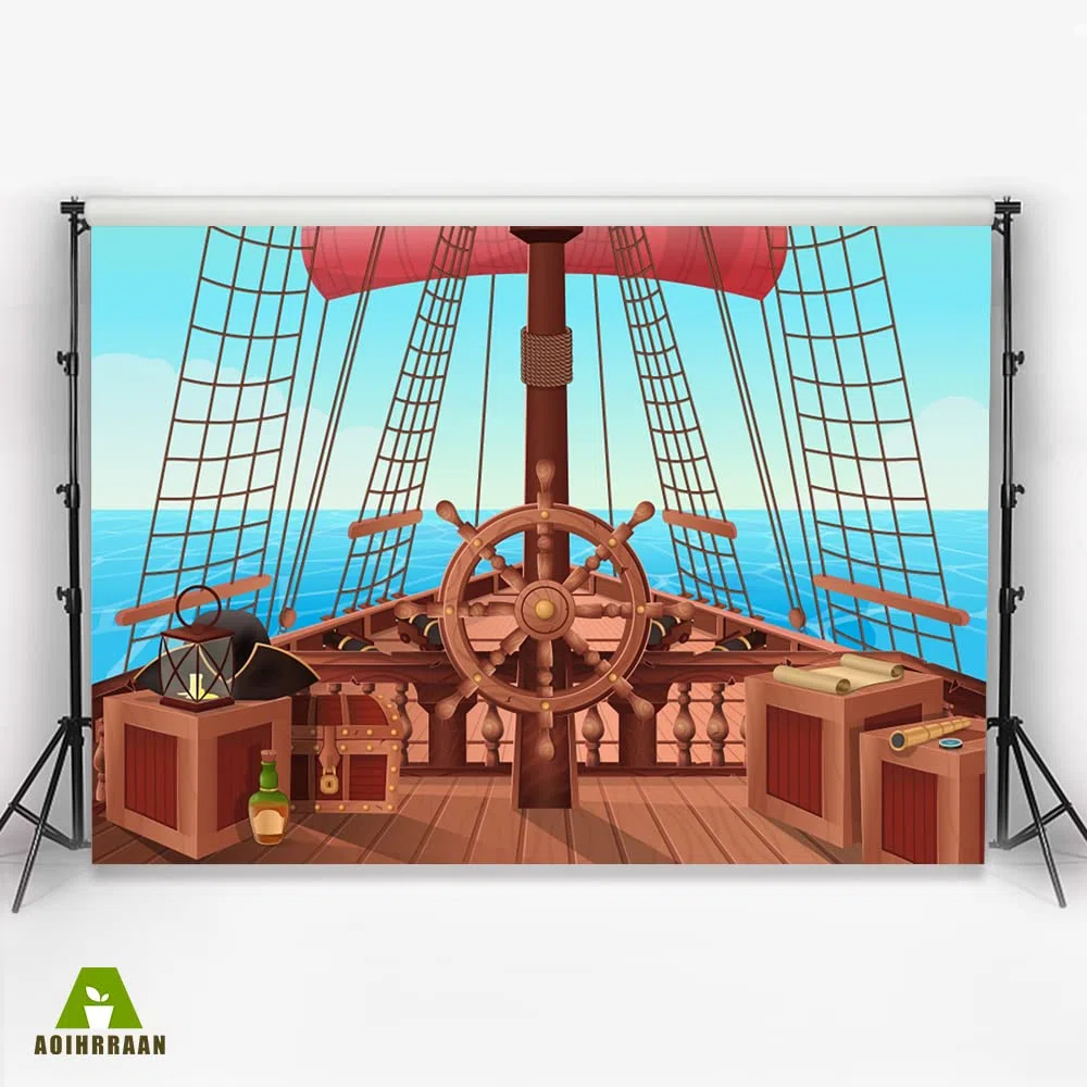 Aoihrraan 2,2x1,5m Dibujos Animados Pirata Barco FondoBote Timón Madera Cubierta Caja Azul Mar Vela Fotografía FondoNiño Niño Cumpleaños Aventura Tema Fiesta Bebé Ducha Niños Retrato Foto Accesorios
