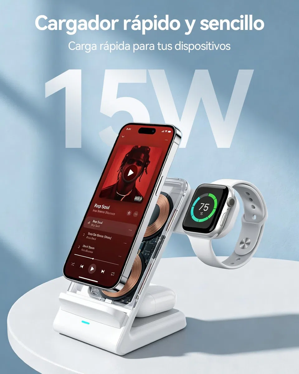 Unico Cargador Inalámbrico 3 en 1 Portátil Rápido 15W con Cable sin Cargador para iPhone 17/16/15/14/13/12 para AirPods para Apple Watch Ultra/SE (Adaptador no Incluido)