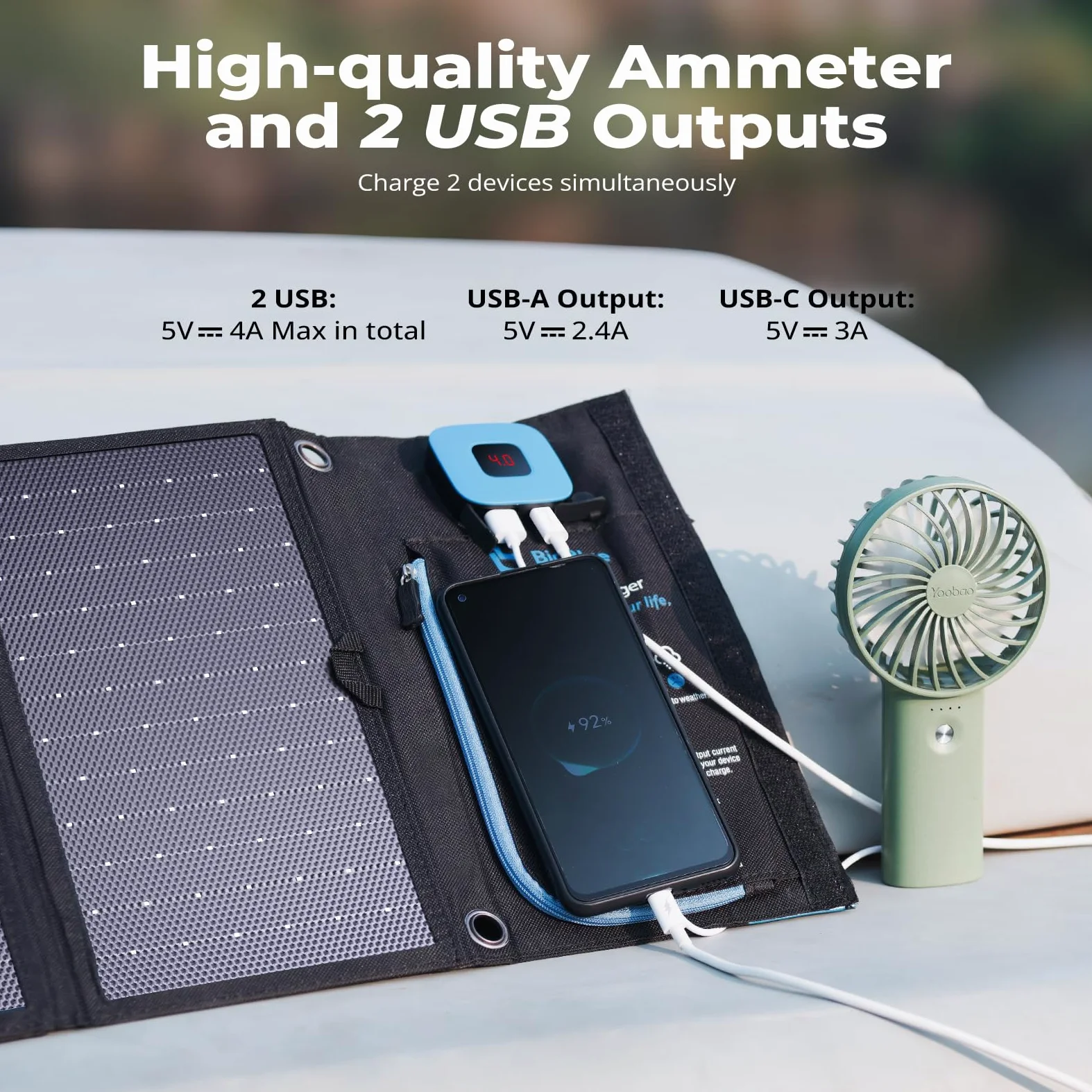 BigBlue 28W Cargador Solar Portátil, 2 Puertos (USB-C/USB-A) y IP44 Impermeable, Panel Solar Plegable con LCD Amperímetro Digital para Dispositivos Recargables, iPhone, Android, GoPro Etc