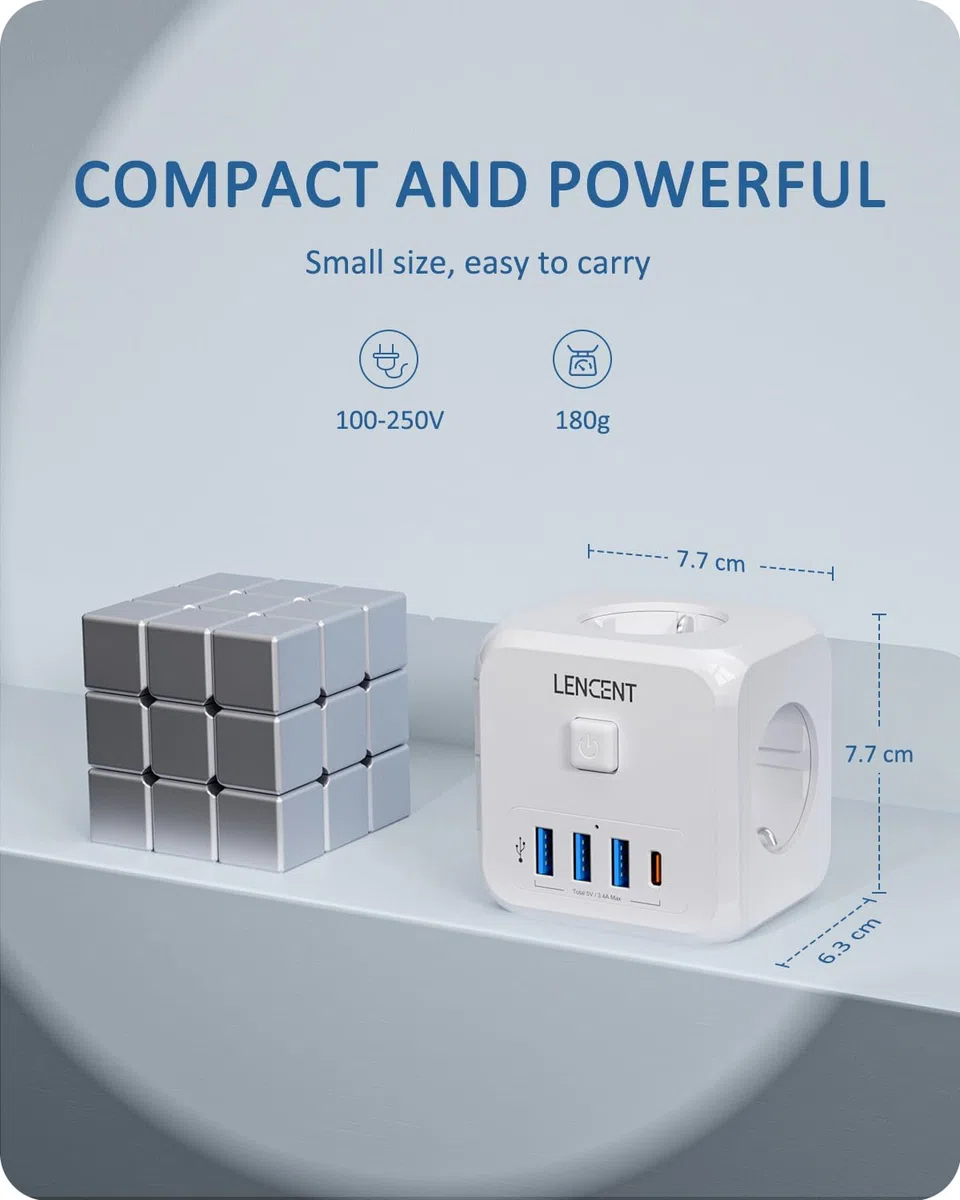 LENCENT Cubo Enchufe USB 7 en 1, Ladron Enchufes 4000W, Triple Múltiples Pared con 3 Tomas de CA, 3 USB-A, 1 Tipo C y Interruptor, Cargador Regleta Pared para Oficina, Cocina y Habitación