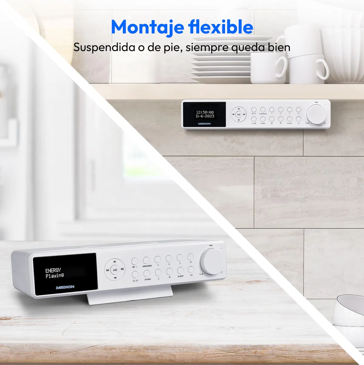Radio de Cocina para Montaje Empotrado MEDION E6660 (Radio de Cocina Dab+, Radio FM PLL, Bluetooth, Tira de Luces led, Montaje Empotrado, Temporizador de cocción, Pantalla de Reloj) Blanca