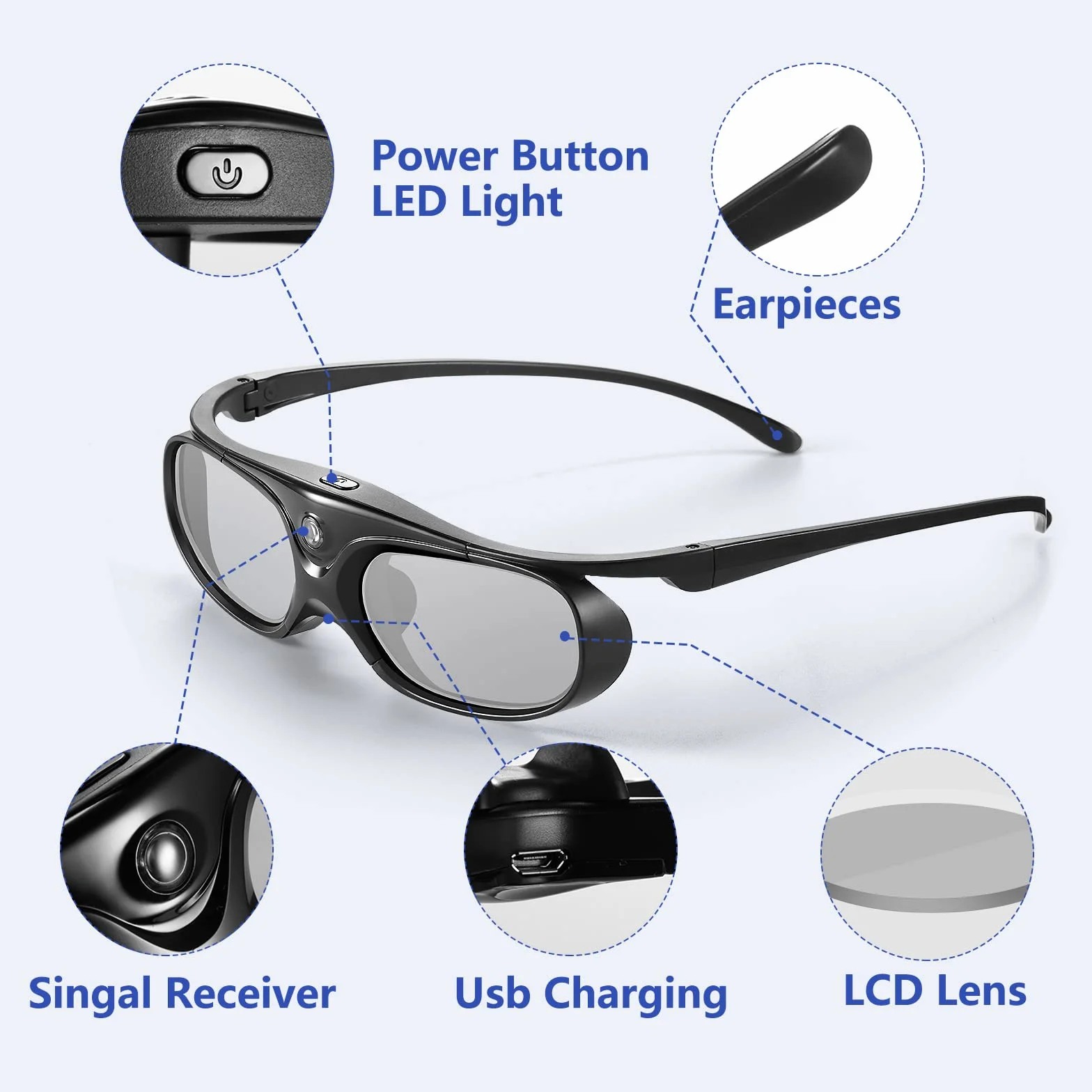 Gafas 3D, Gafas 3D DLP, Gafas 3D con Obturador Activo Recargables para Todos Los Proyectores 3DDLP-Link, Compatible con Benq, Optoma, DELL, Acer, Viewsonic Dlp Projector