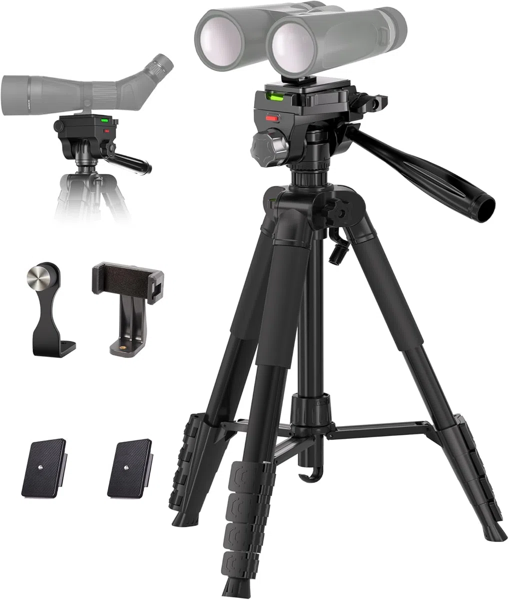 Trípode para prismáticos, trípode para telescopio terrestre de 183 cm con adaptador para prismáticos y 2 placas de liberación rápida, soporte de cámara de viaje con soporte para teléfono/bolsa de