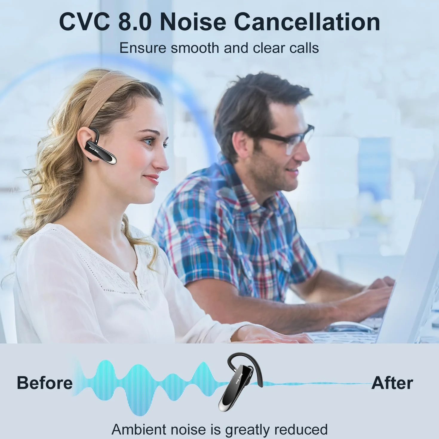 New Bee Auriculares Manos Libres, Auricular Bluetooth Inalámbrico Negocio con Micrófono Auricular para iPhone, Samsung, Huawei, Xiaomi, HTC, LG, Sony, PC 60 Días en Espera (Negro)