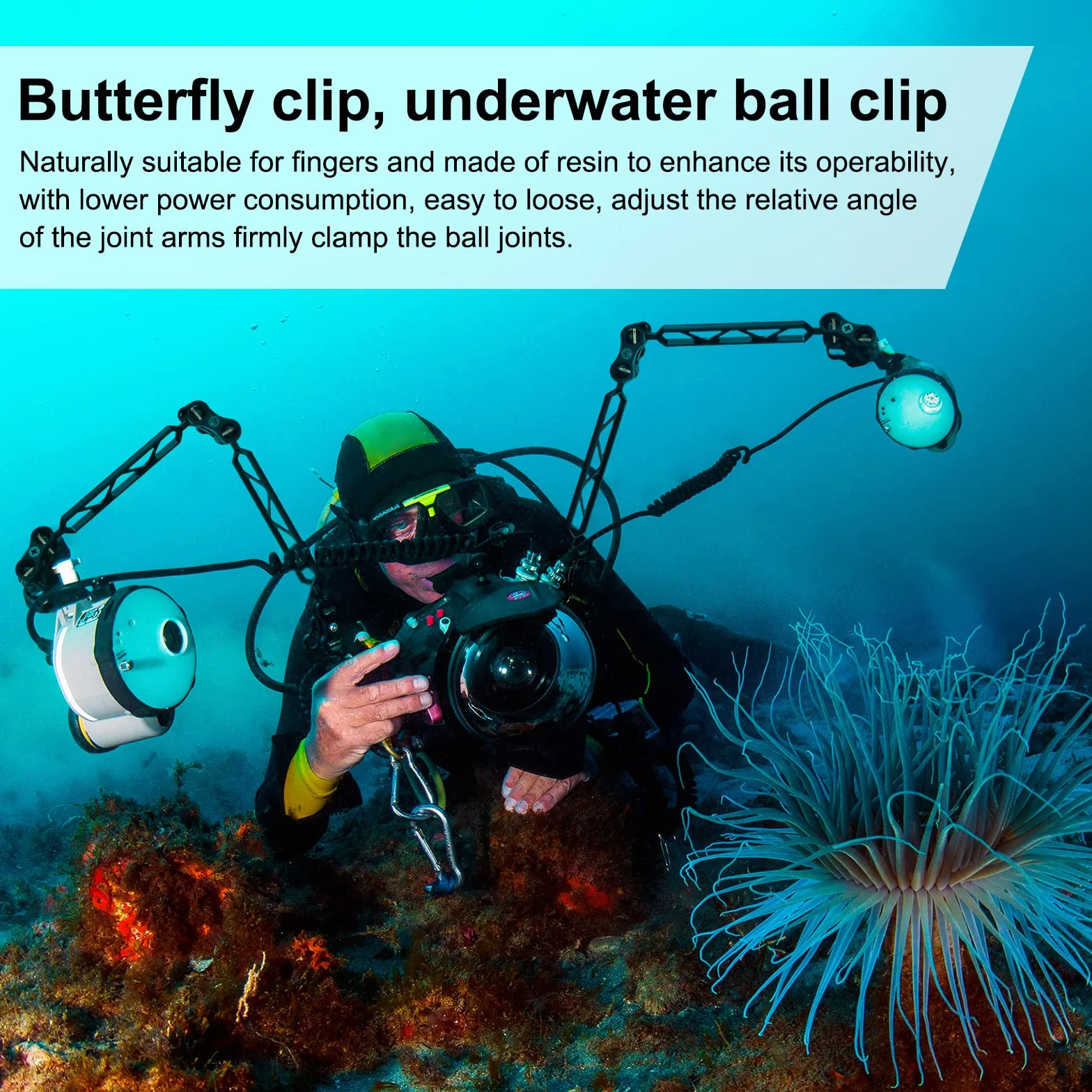 Sea frogs Abrazadera CP-4 Conector de Tres Bolas Clip de Mariposa Brazo Submarino Clip de Bola Soporte de lámpara Sumergible