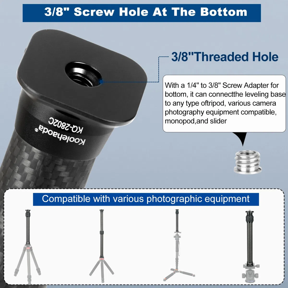 Koolehaoda Extensión Telescópica de Fibra de Carbono de 2 Secciones para Trípode/Monopié con Montura Arca-Swiss para Trípodes, Rótulas, Estabilizadores y Cámaras, Carga Máxima de 15 kg(KQ-2802C)