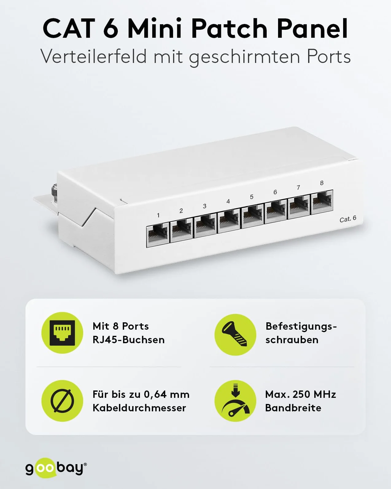 Goobay Cat 6 Mini/Desktop Patch Panel, 8 puertos, color blanco – STP, color blanco