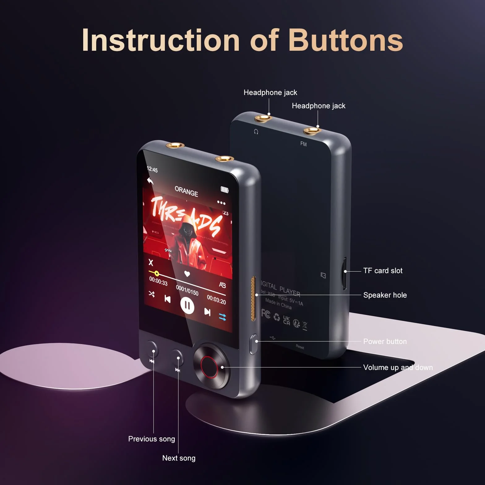 128GB Reproductor MP3 con Bluetooth 5.3, Oilsky 2,4'' Reproductor de Música Portátil con Altavoz, MP3 Reproductor con Radio FM, Grabación de Voz, Auriculares (Gris)