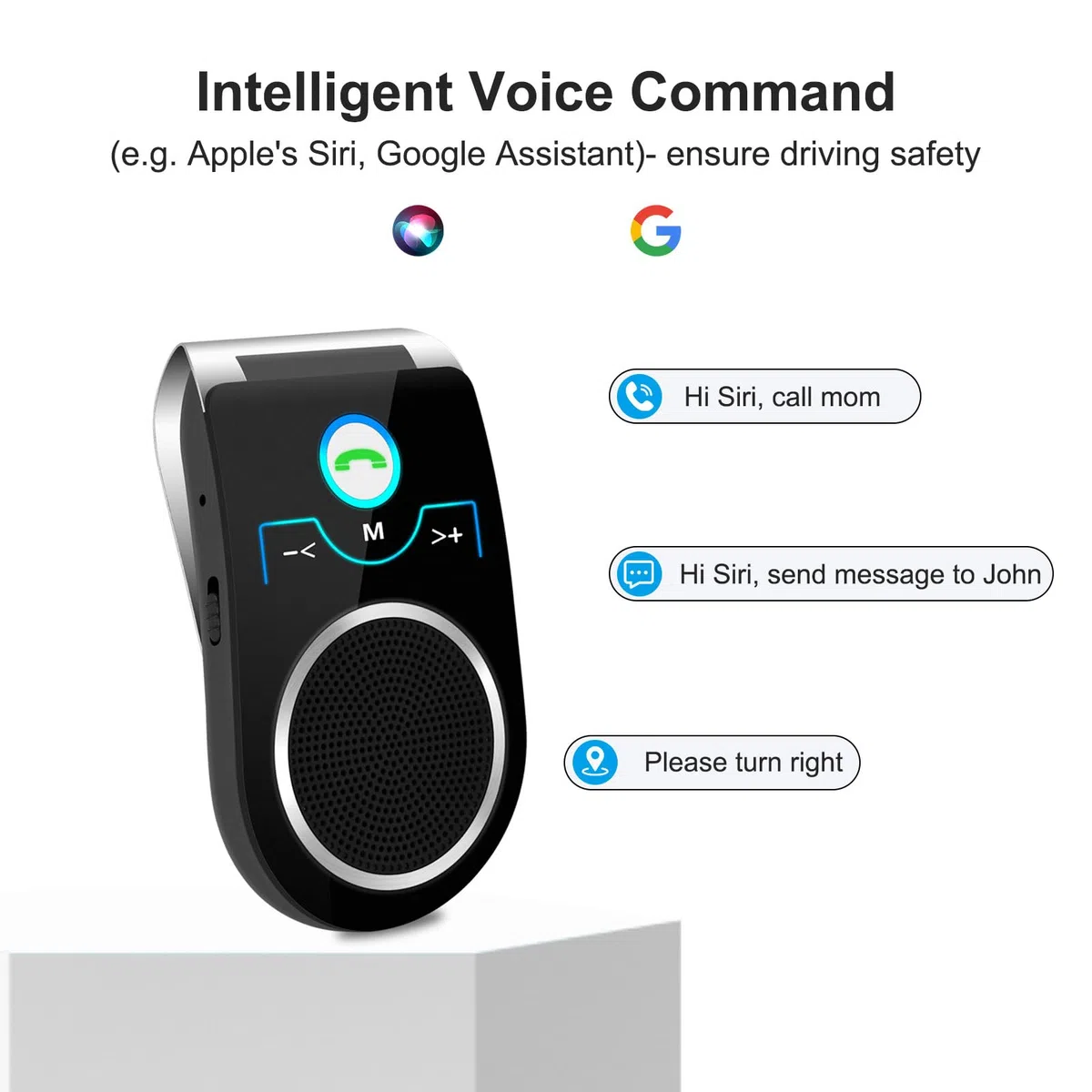 Manos Libres para Coche Bluetooth 5.0, Mini Manos Libres Inalámbrico con Siri y Google Assistant, Conexión de 2 Teléfonos Simultáneamente, Compatible con iPhone y Andriod para Llamadas y Musica