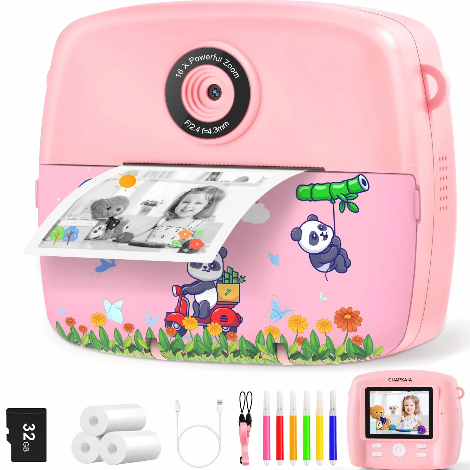 CNAPXAIA Camara Fotos Infantil Instantanea, 2,4'' Cámara Instantánea con Tarjeta de 32GB y Papel de Impresión, Cámara Niños Digital Regalos de Juguete para Niños y Niñas de 3 a 12 Años (Rosa)