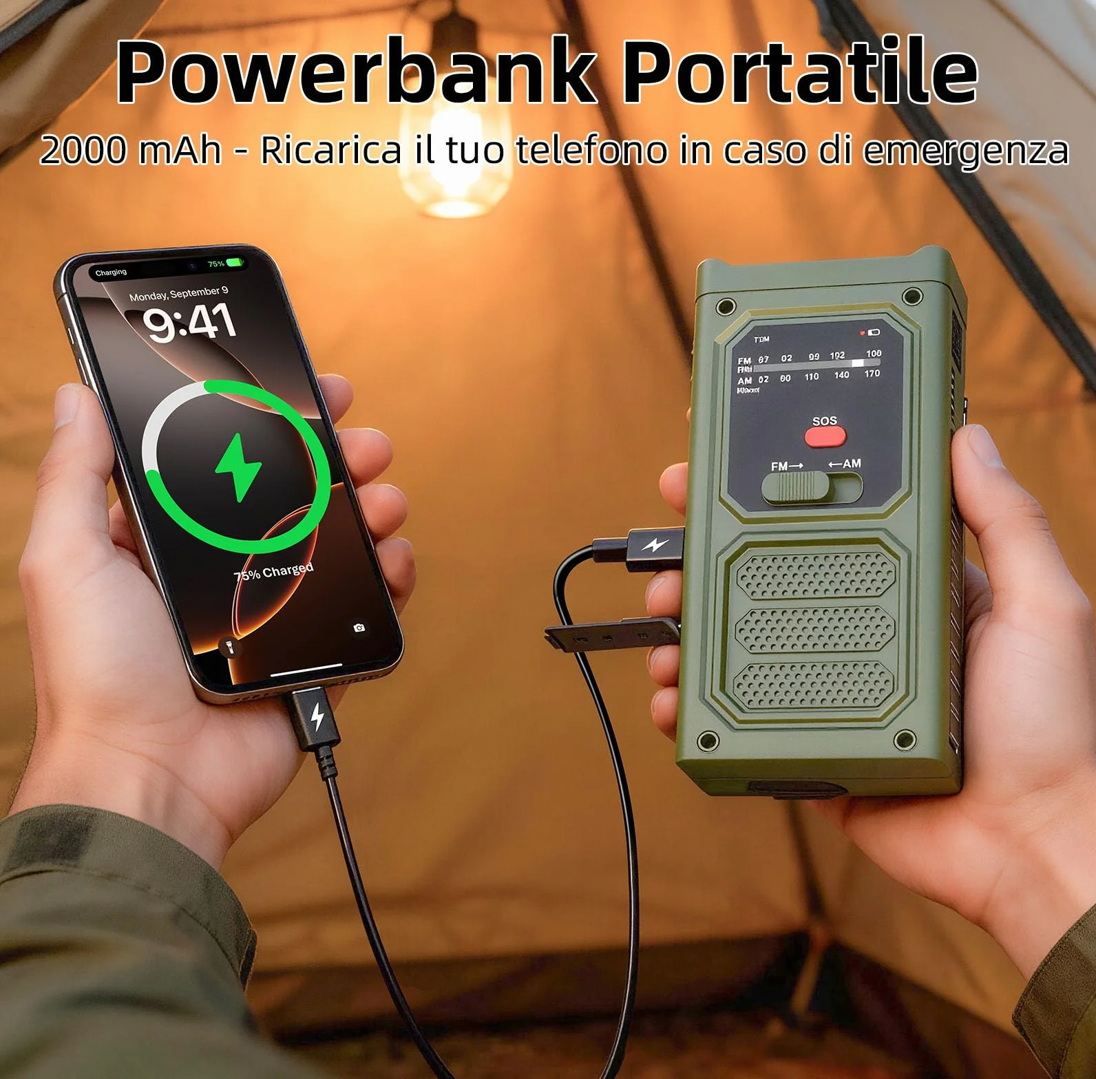 Radio de emergencia, 2000 mAh, manivela con linterna LED, alarma SOS, AM/FM meteorológica, Wind Up Solar Radio para interior y exterior, camping, carga de emergencia de smartphone