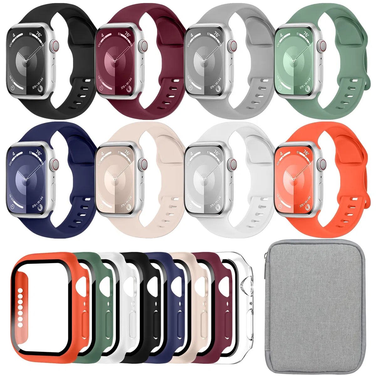 8pack Sport Watch Armband Case kompatibel mit Apple Watch 40mm 41mm 44mm 45mm für Frauen Männer, Silikon iWatch Band Schutzhülle mit Aufbewahrungshülle für Series 9 8 7 6 5 4 SE SE2